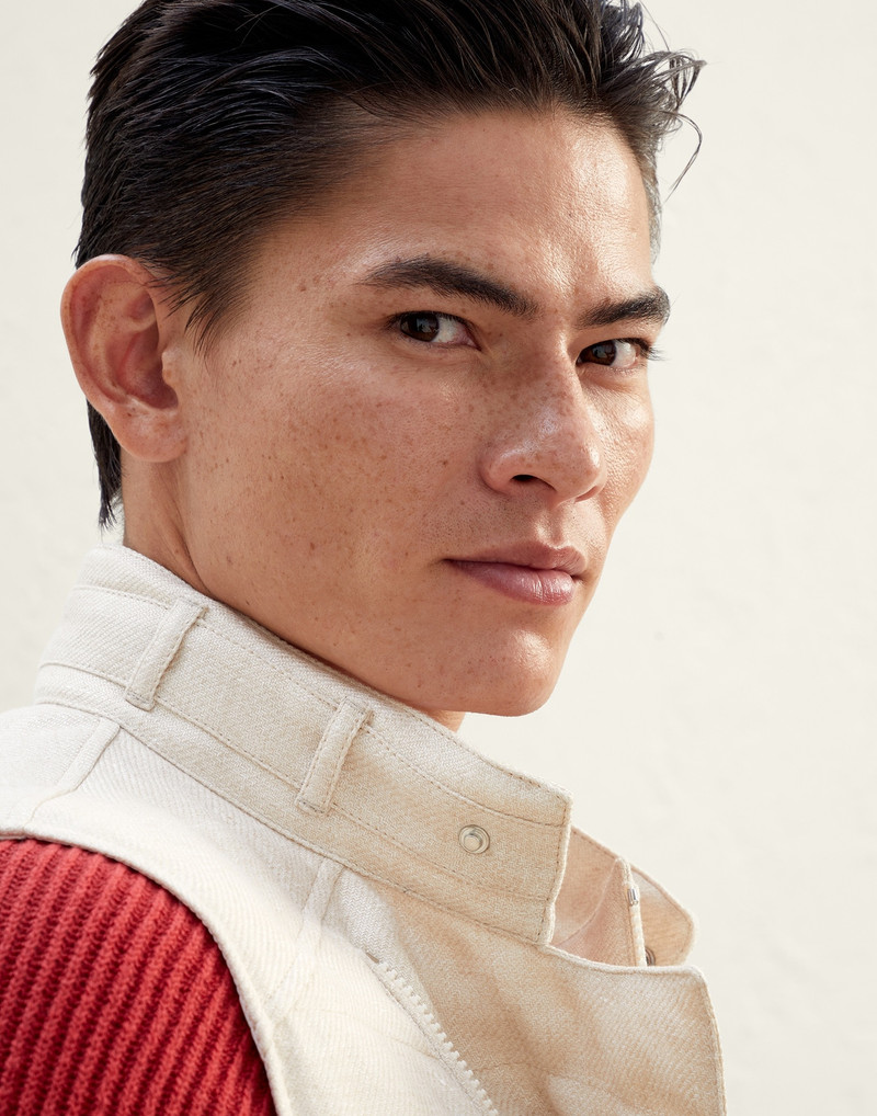 Linen, wool and silk diagonal biker-style down vest 3