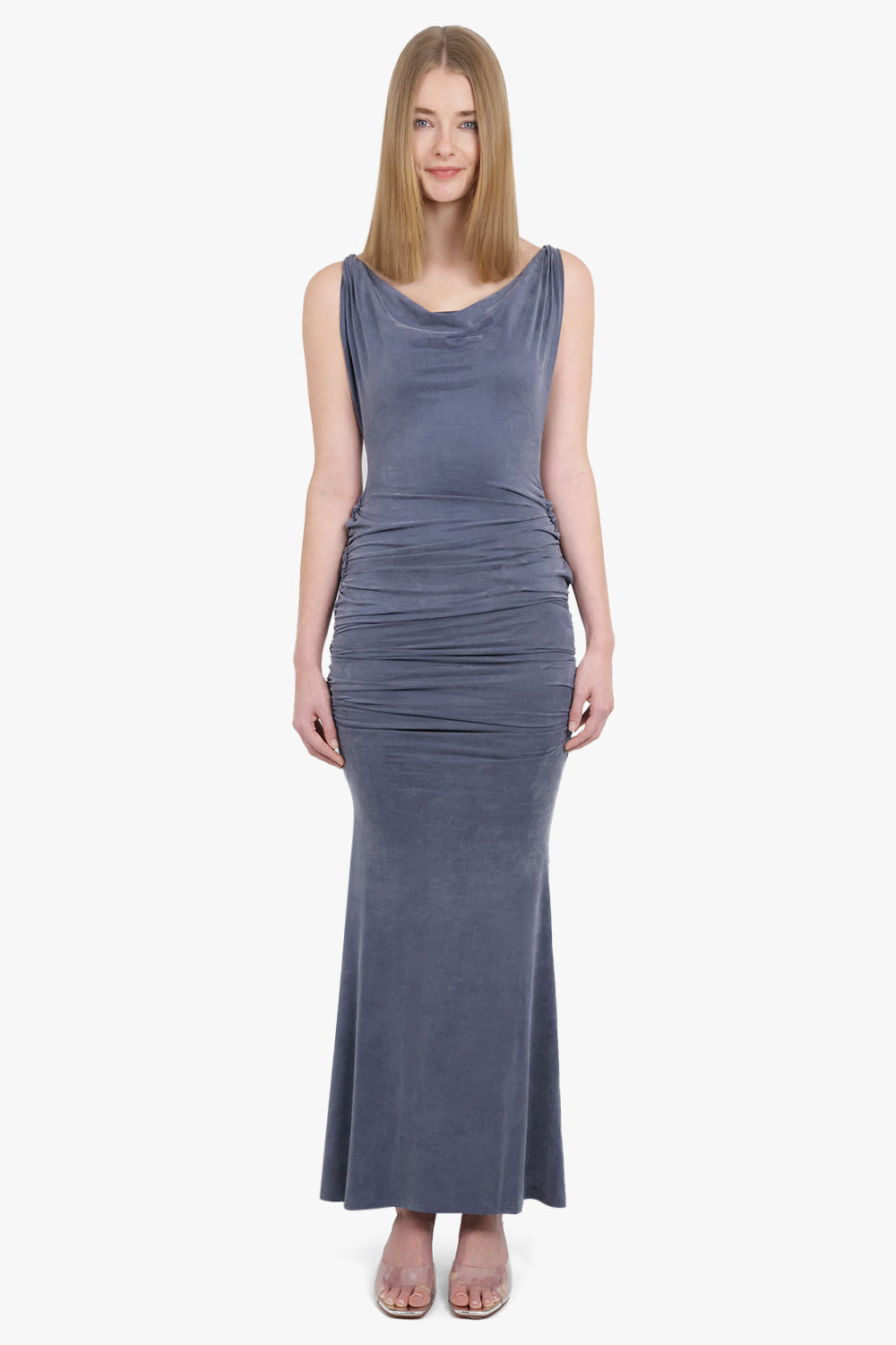 LIZ RUCHED S/LESS ASYMMETRIC MIDI DRESS | WASHED NAVY - 6
