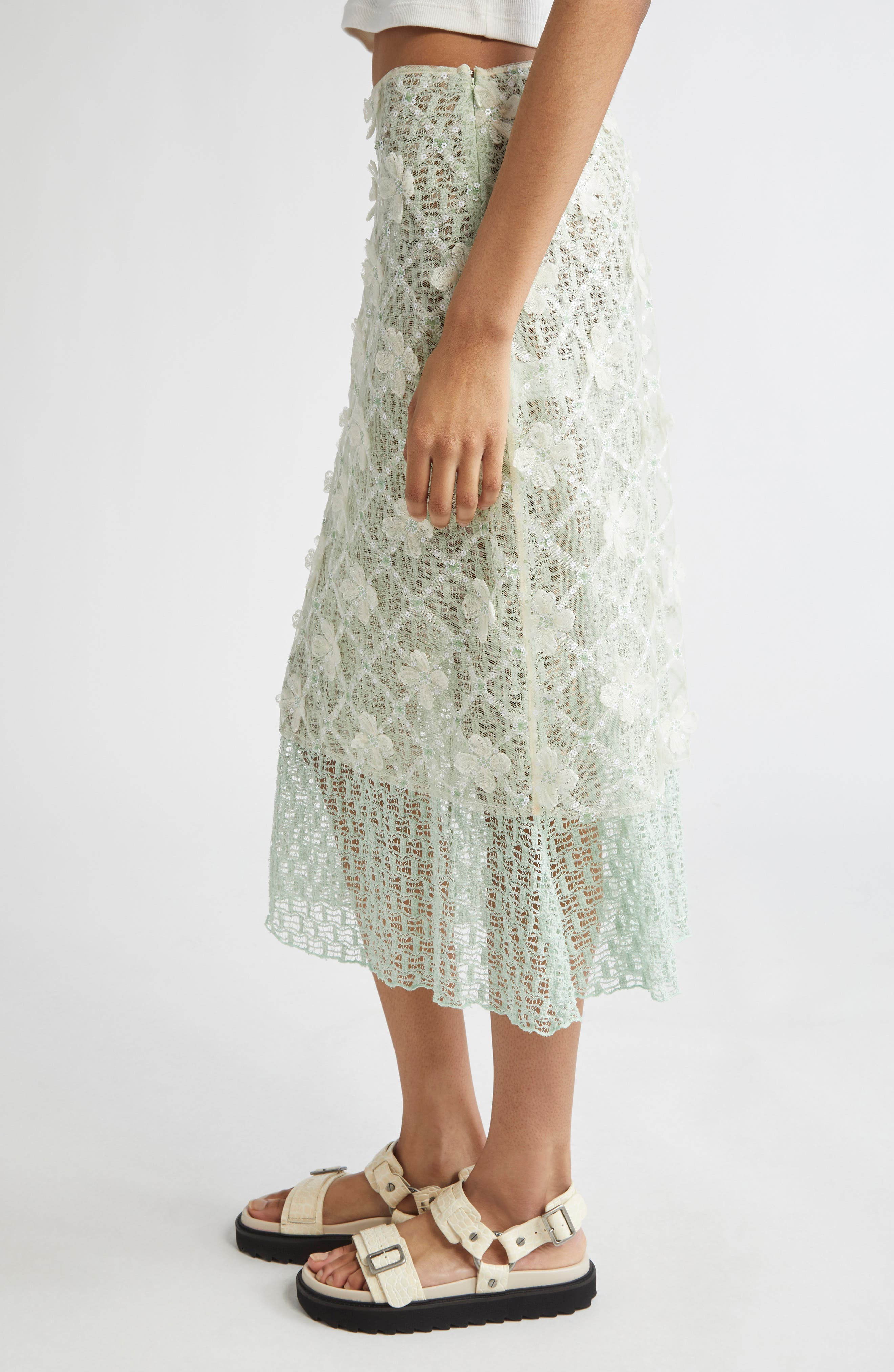 Siedrés Lunies Floral Appliqué Sheer Lace Midi Skirt in Green Multi at Nordstrom - 4