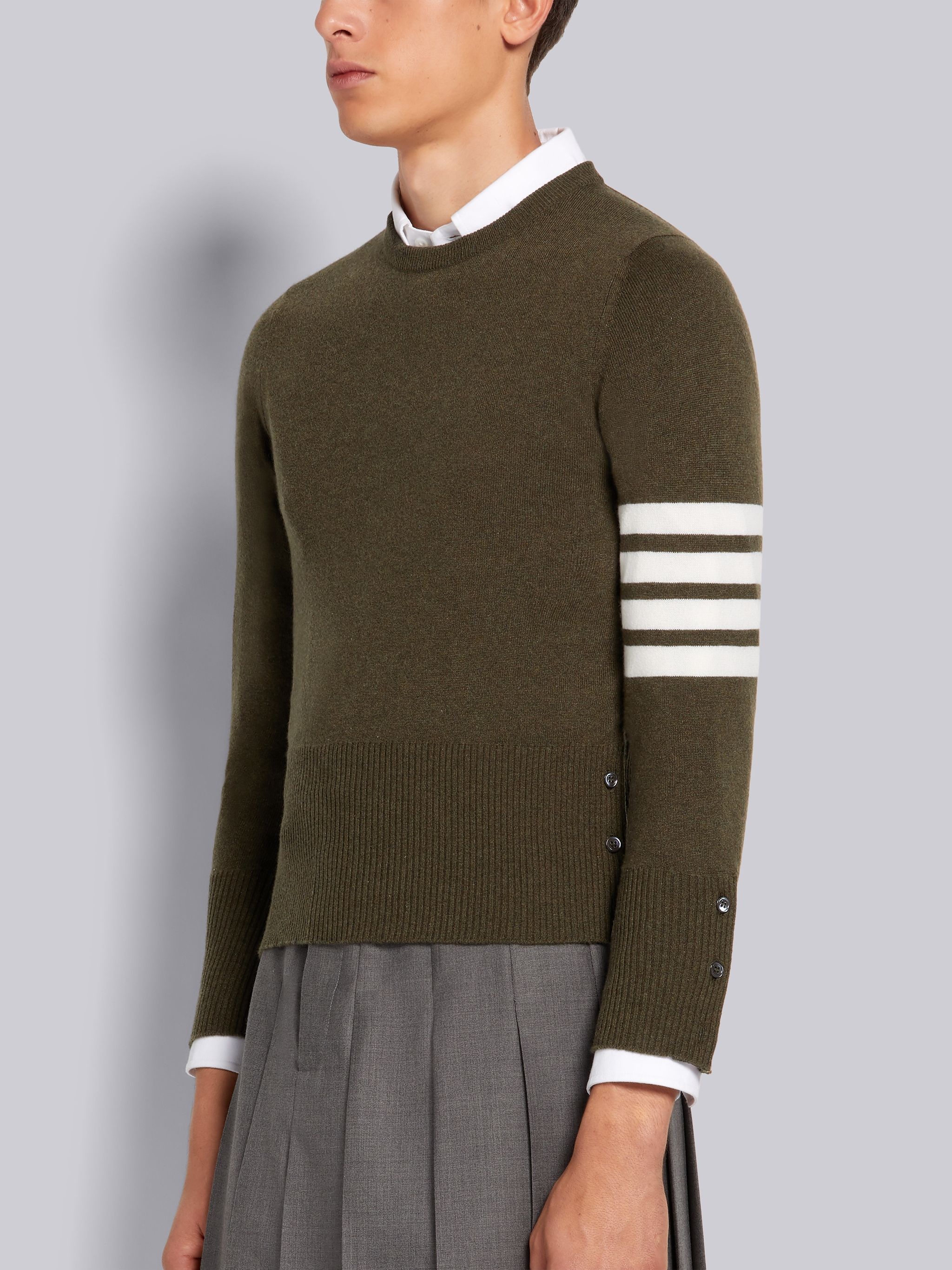 Dark Green Cashmere 4-Bar Stripe Classic Crew Neck Pullover - 2