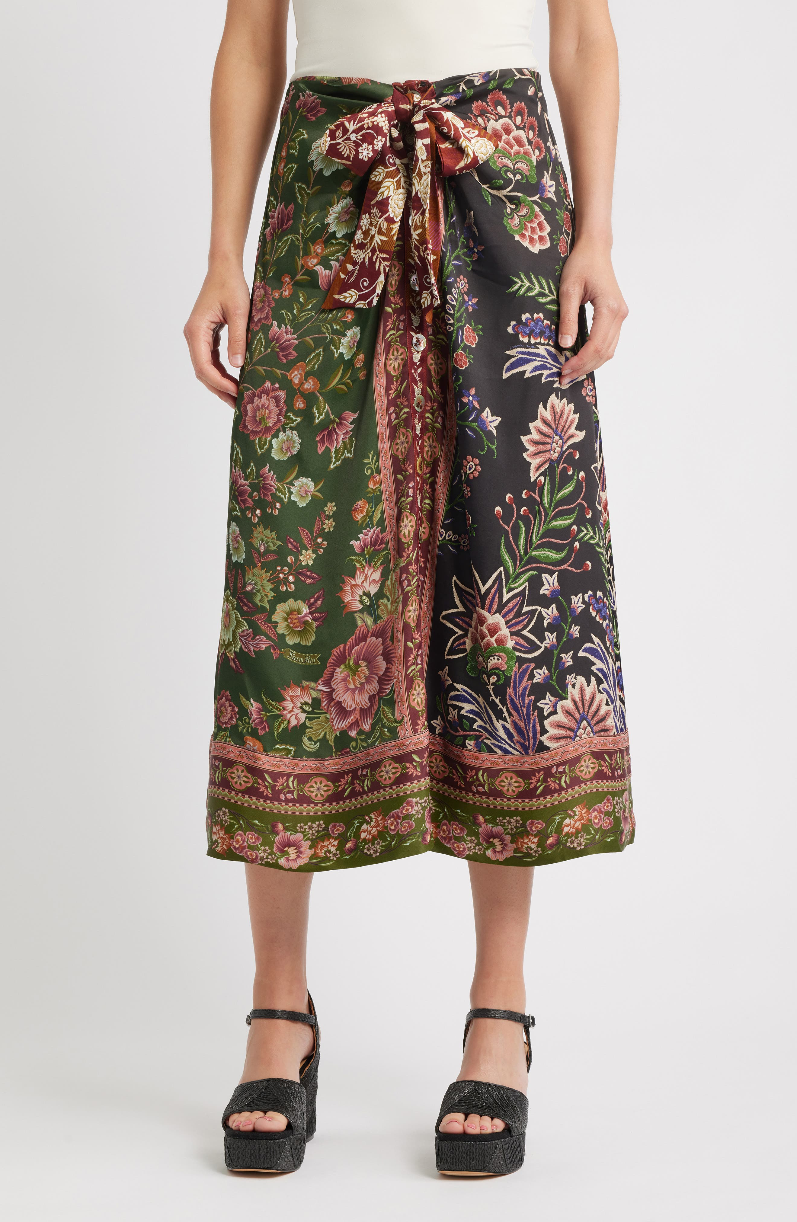 FARM Rio Winter Garden Mix Print Tie Front Midi Skirt in Multi at Nordstrom - 1