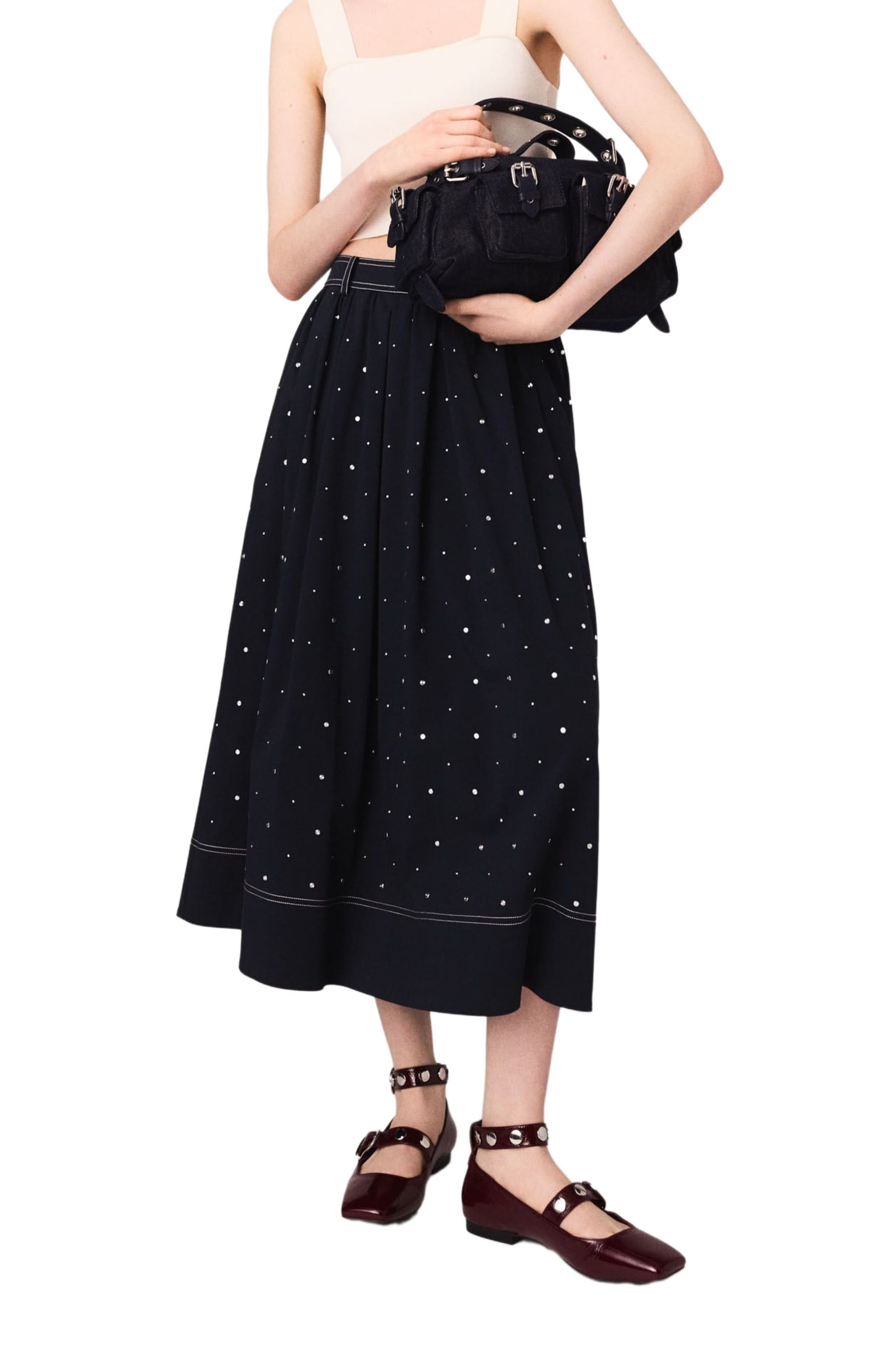 maje Studded flared cotton skirt in Navy at Nordstrom - 5