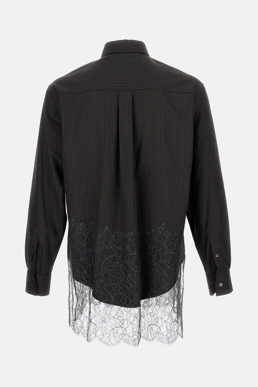 Pinstriped Wool Shirt in Black and Lace - 2