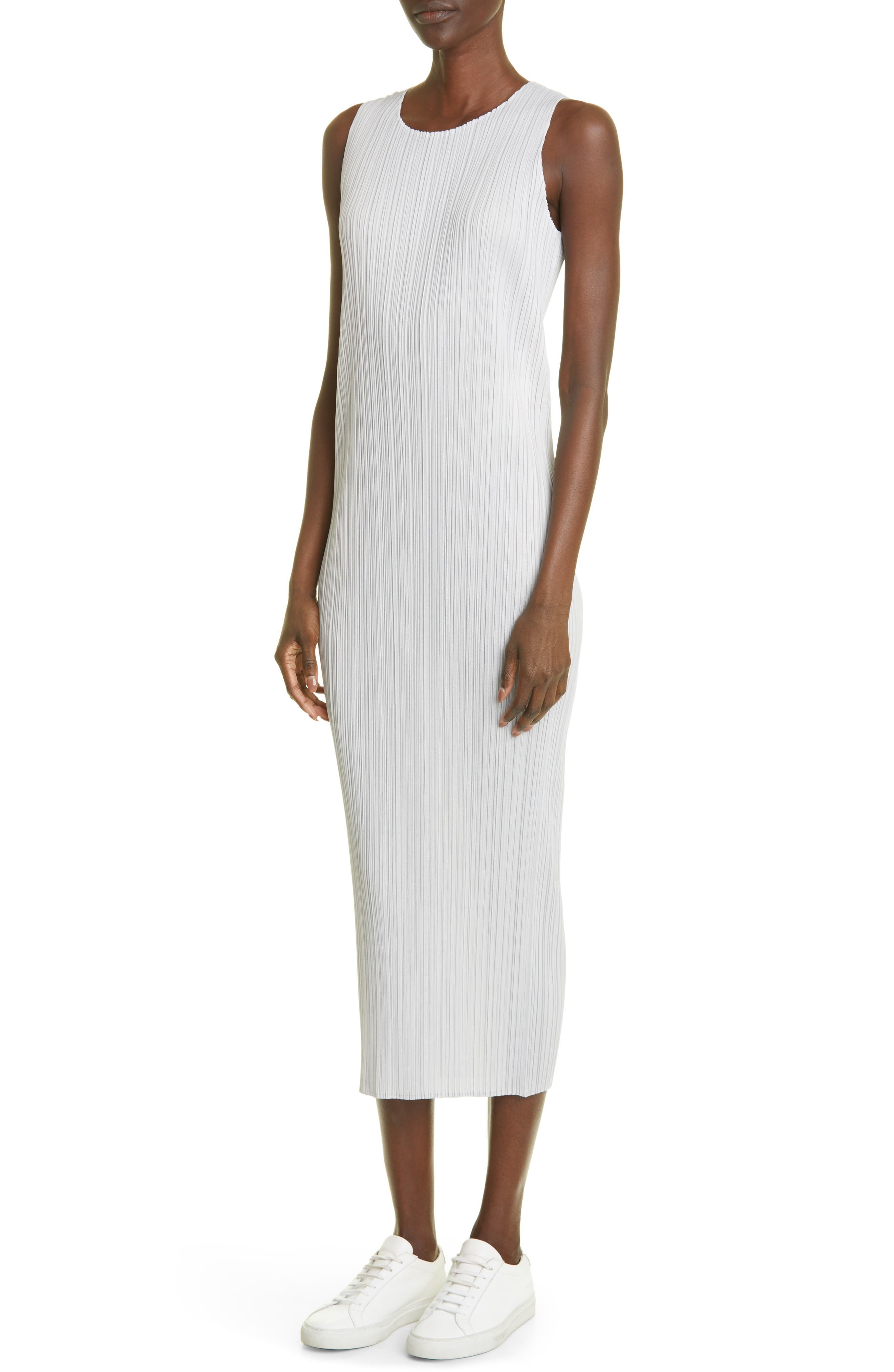 Pleats Please Issey Miyake Basics Pleated Midi Dress in Light Grey at Nordstrom - 4