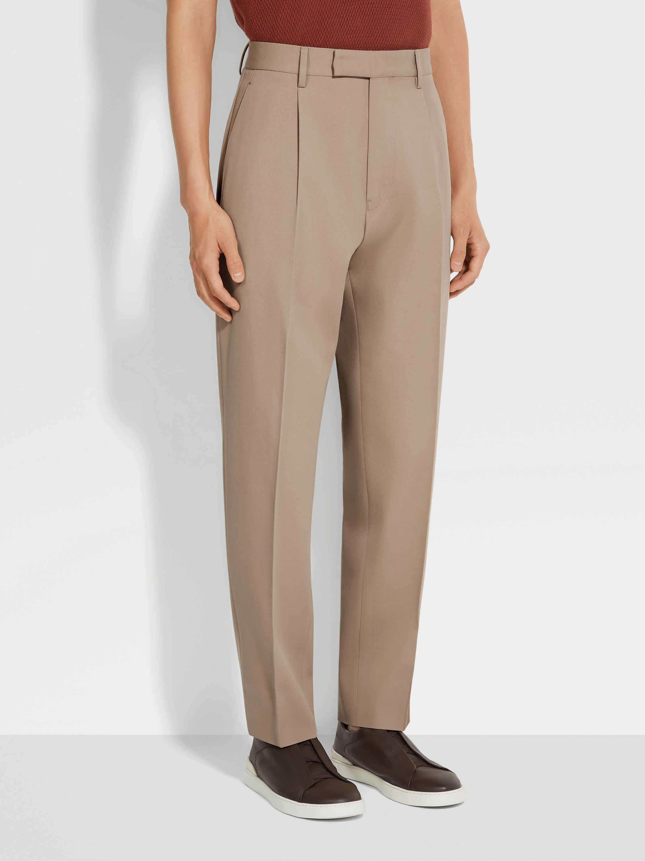 LIGHT TAUPE COTTON AND WOOL PANTS - 5