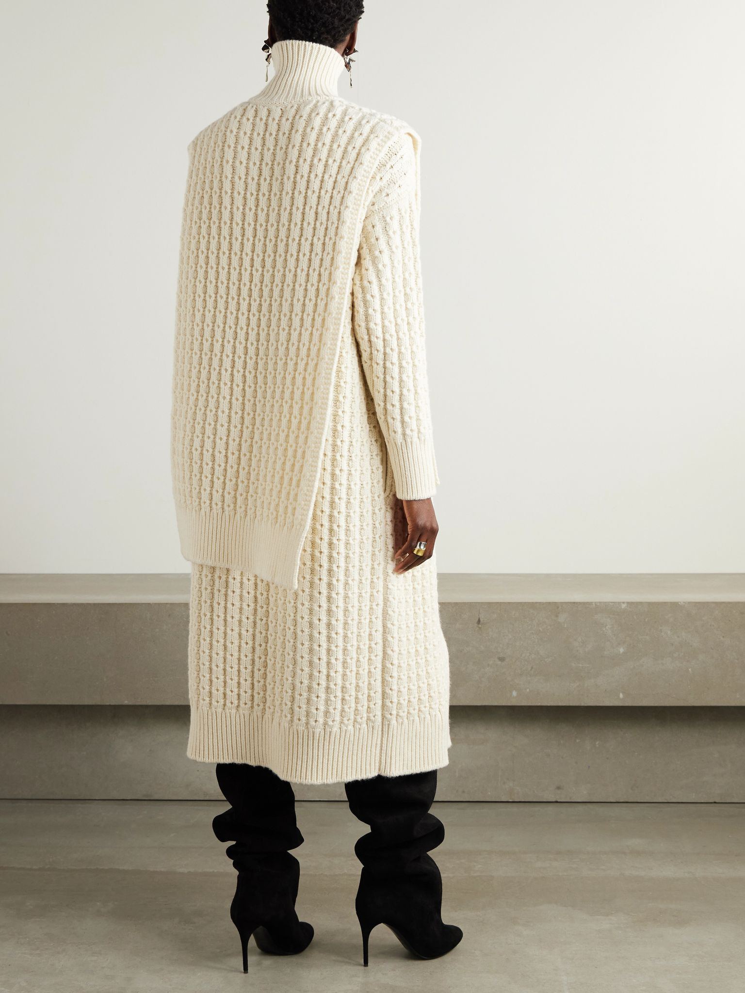 Oversized belted ribbed wool turtleneck sweater vest Ivory - 3