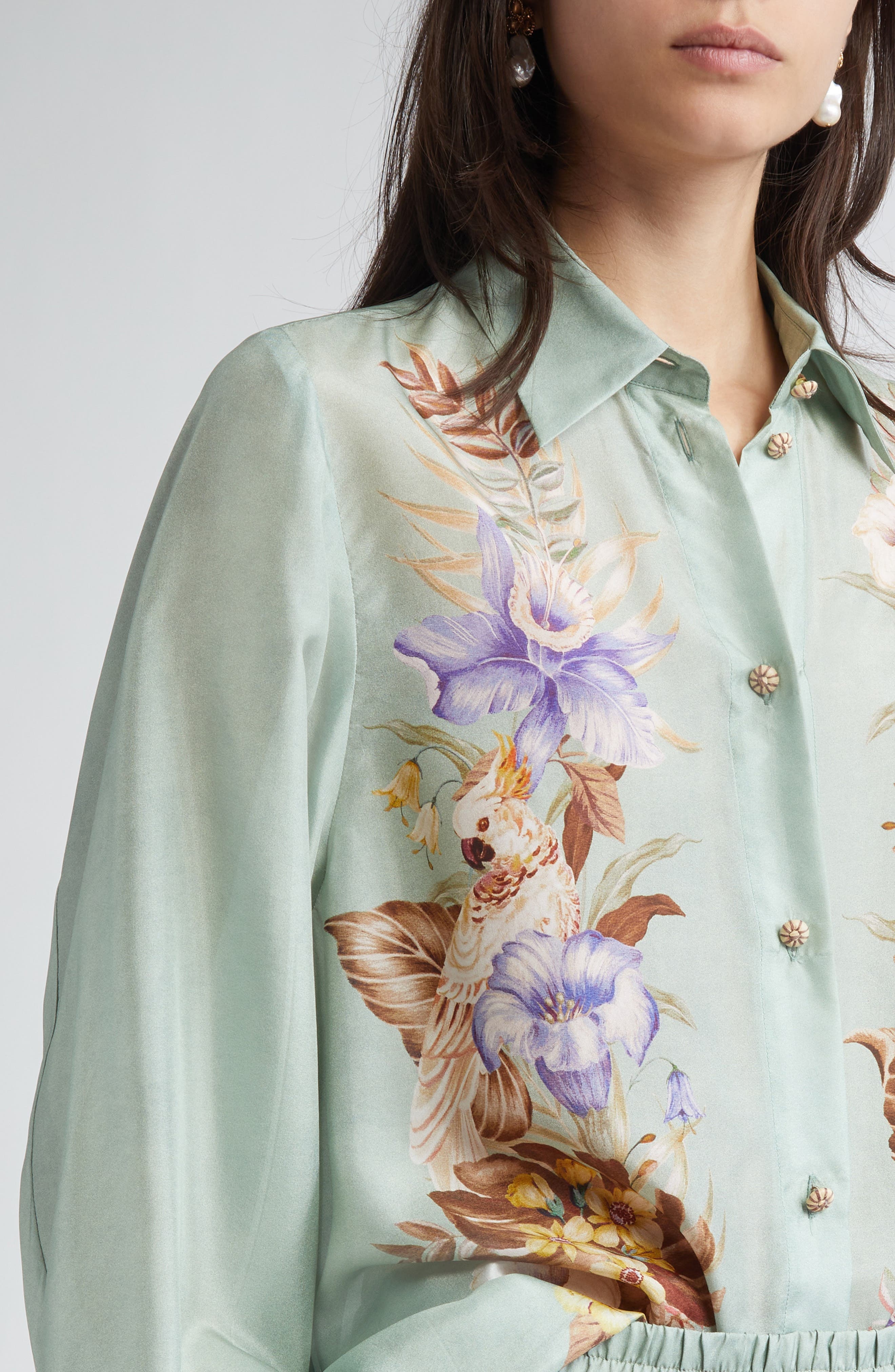 Zimmermann Coco Placed Print Silk Button-Up Shirt in Sage Multi Floral at Nordstrom - 5