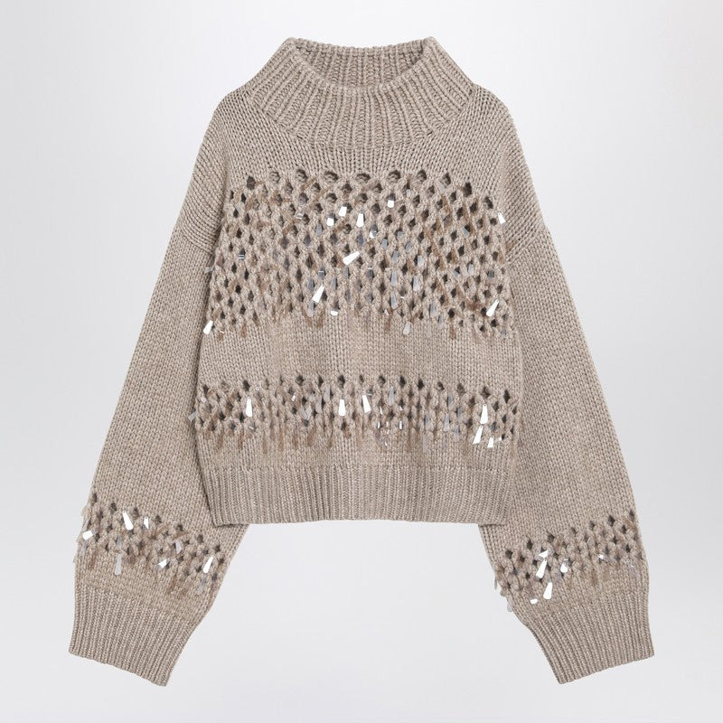 Brunello Cucinelli Brown Openwork Sweater With Sequins Women - 1
