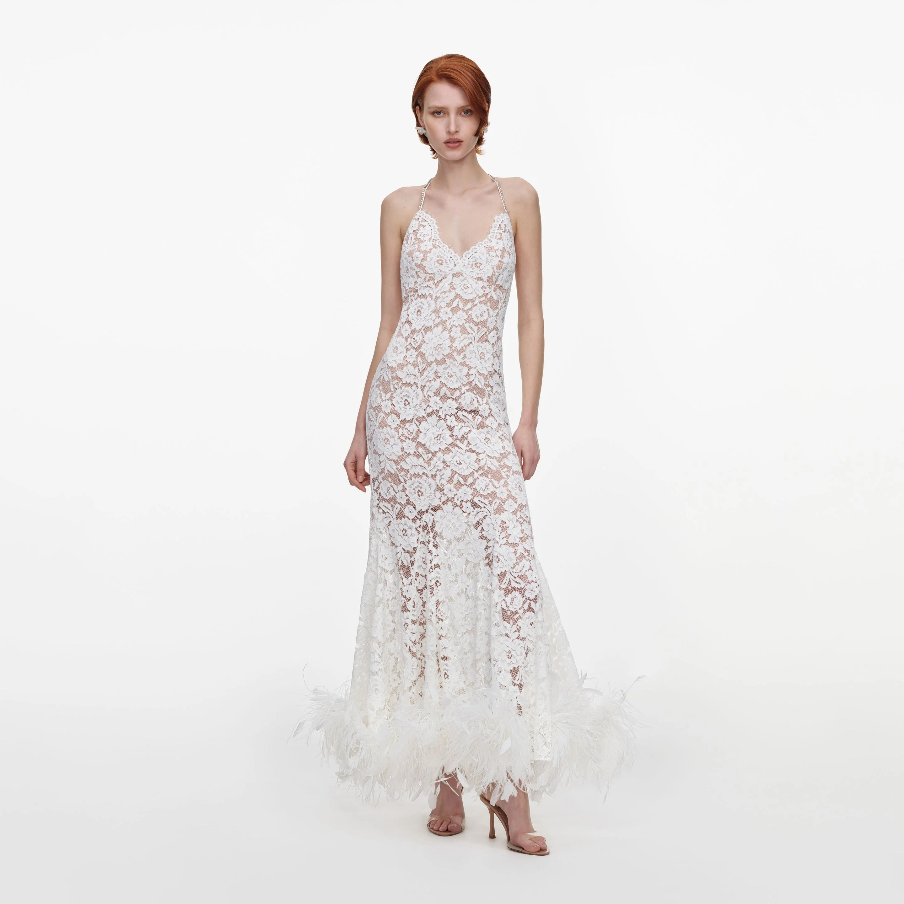 White Fine Lace Feather Maxi Dress - 1