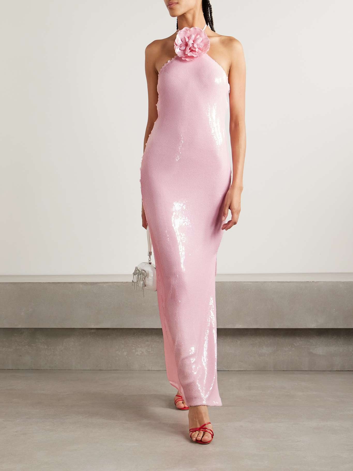 Appliquéd sequined tulle halterneck gown Baby pink - 2