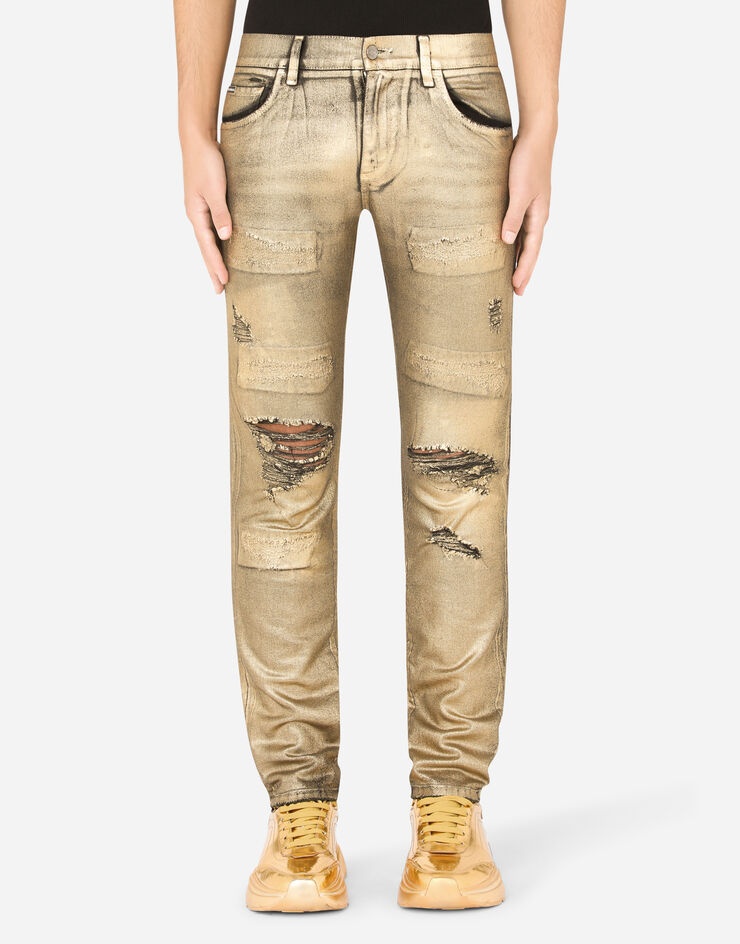 Black skinny stretch jeans with gold coating - 1