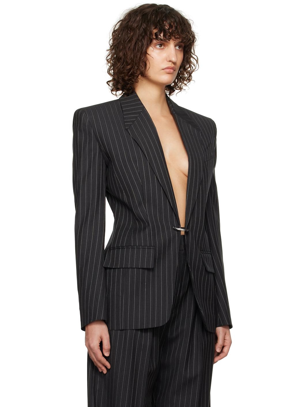 Black Pinstripe Pierced Tailored Blazer - 2