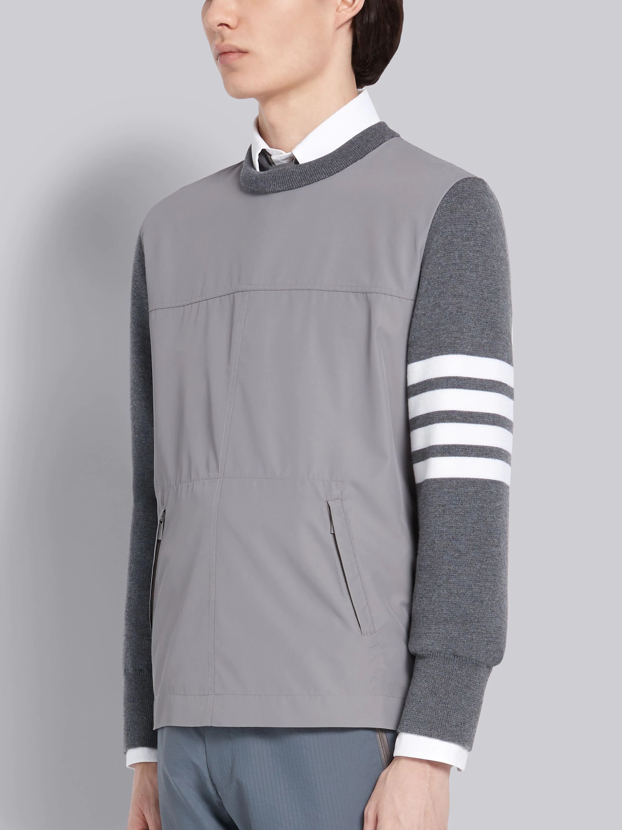 Light Grey Ripstop Fine Merino Milano Stitch 4-Bar Stripe Pullover - 3