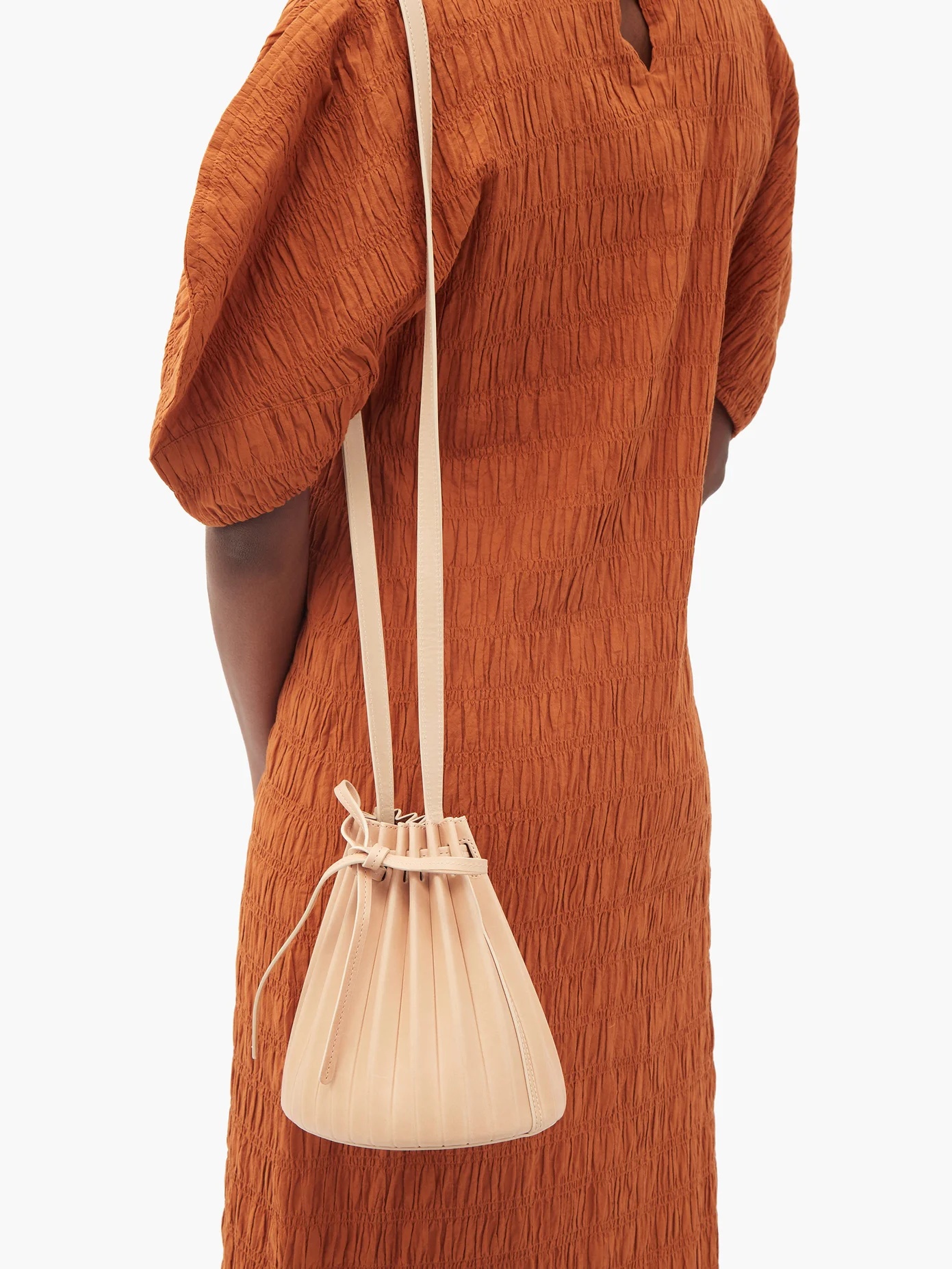 Pleated mini leather bucket bag - 3