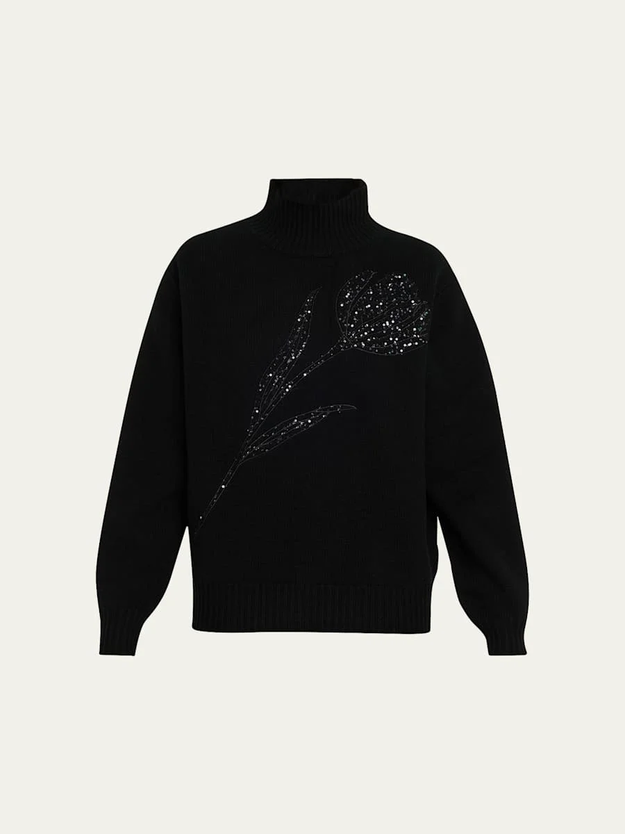 Turtleneck Paillette Rose Wool-Cashmere Sweater - 1
