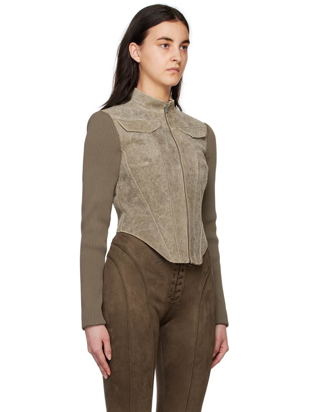 Taupe Cracked Leather Jacket - 2
