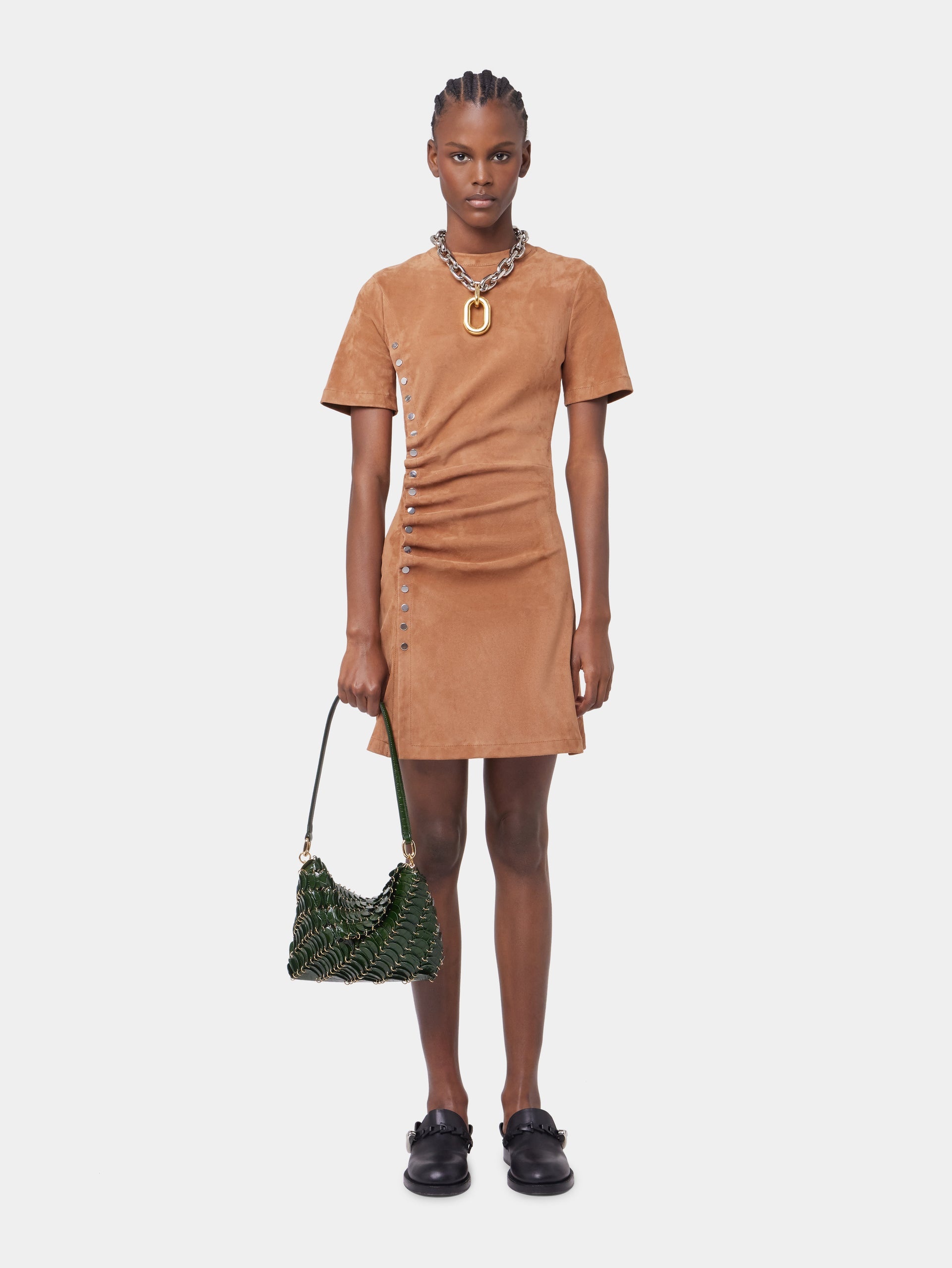 CARAMEL SHORT CAMEL DRAPED DRESS IN LEATHER - 2