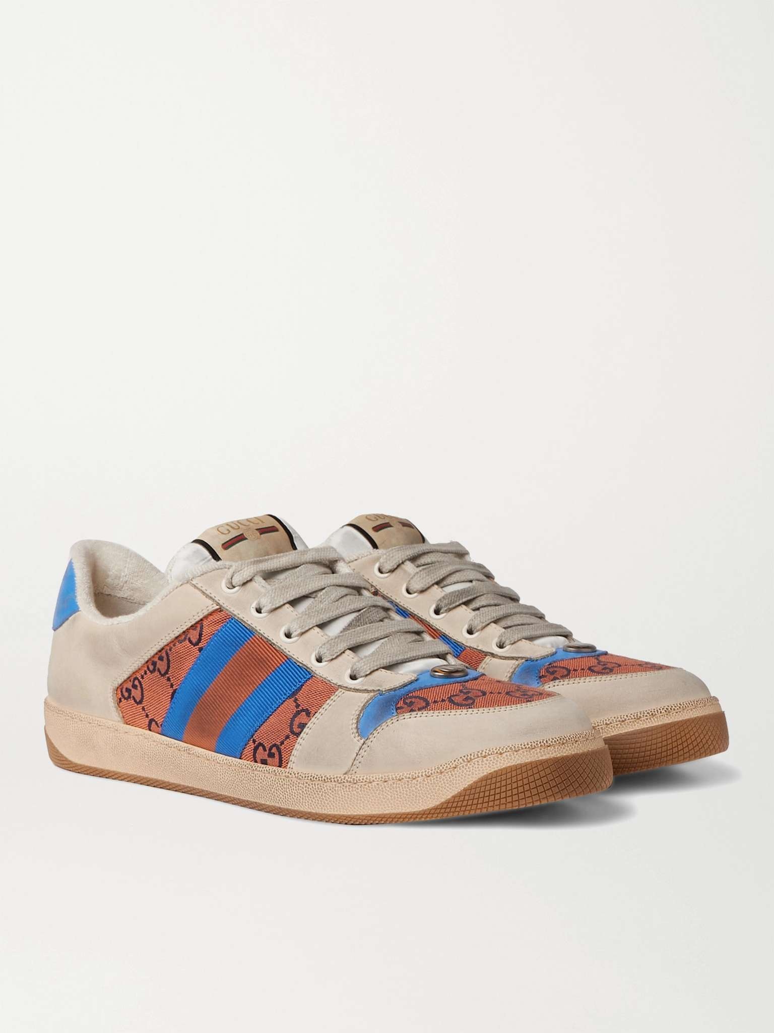 Screener GG Webbing-Trimmed Distressed Leather and Printed Canvas Sneakers - 2