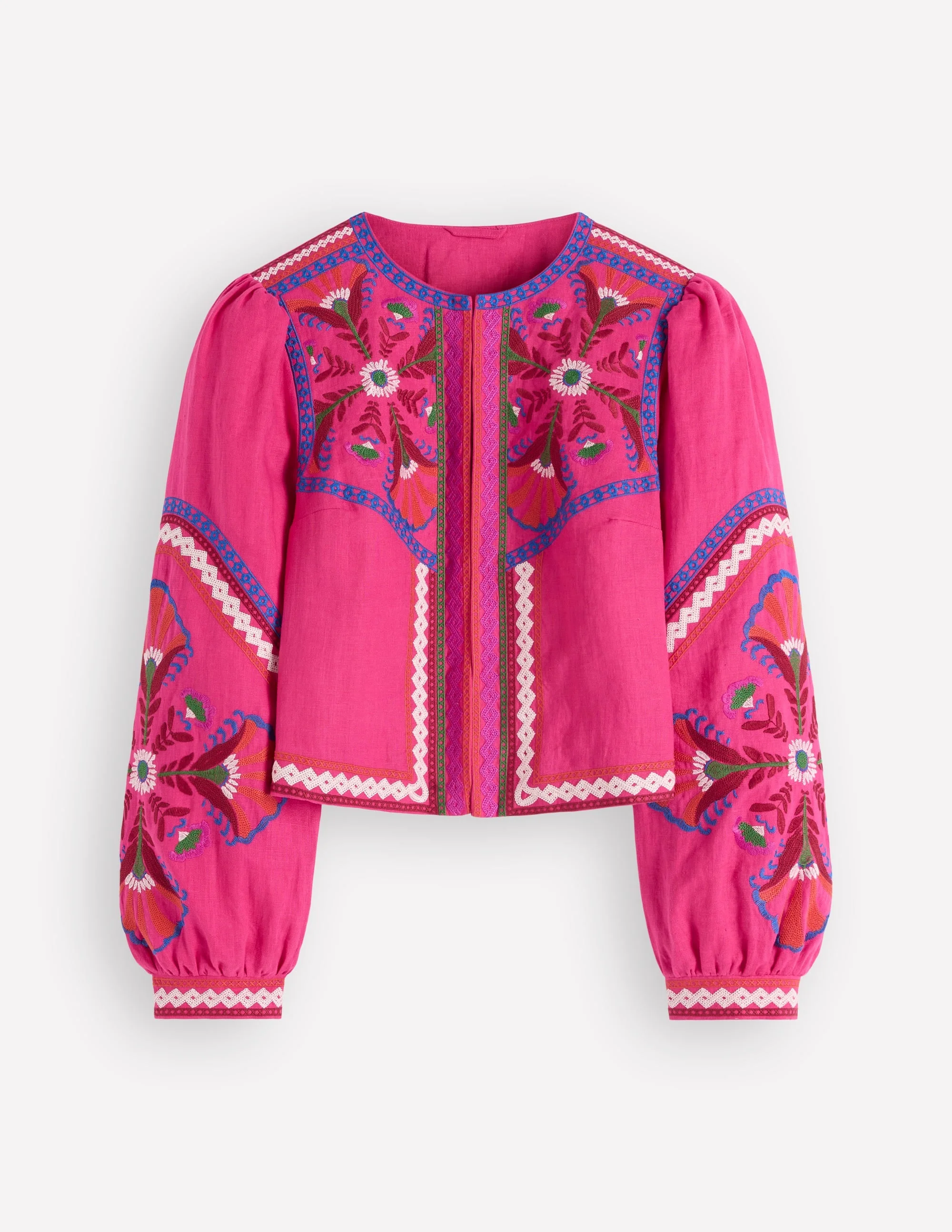 Embroidered Linen Jacket-Pink Peony, Embroidered - 1