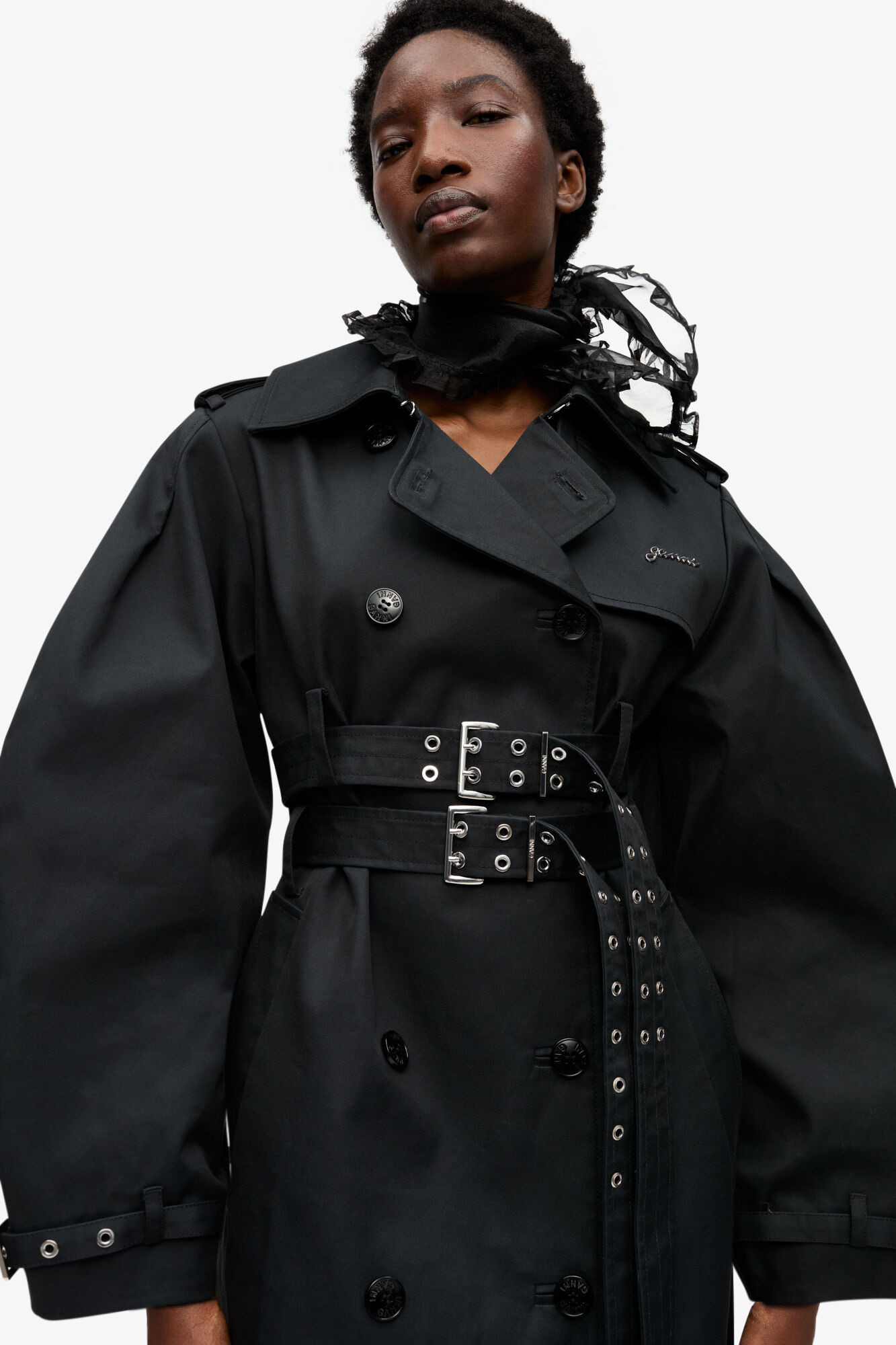 BLACK BONDED COTTON TRENCH COAT - 5