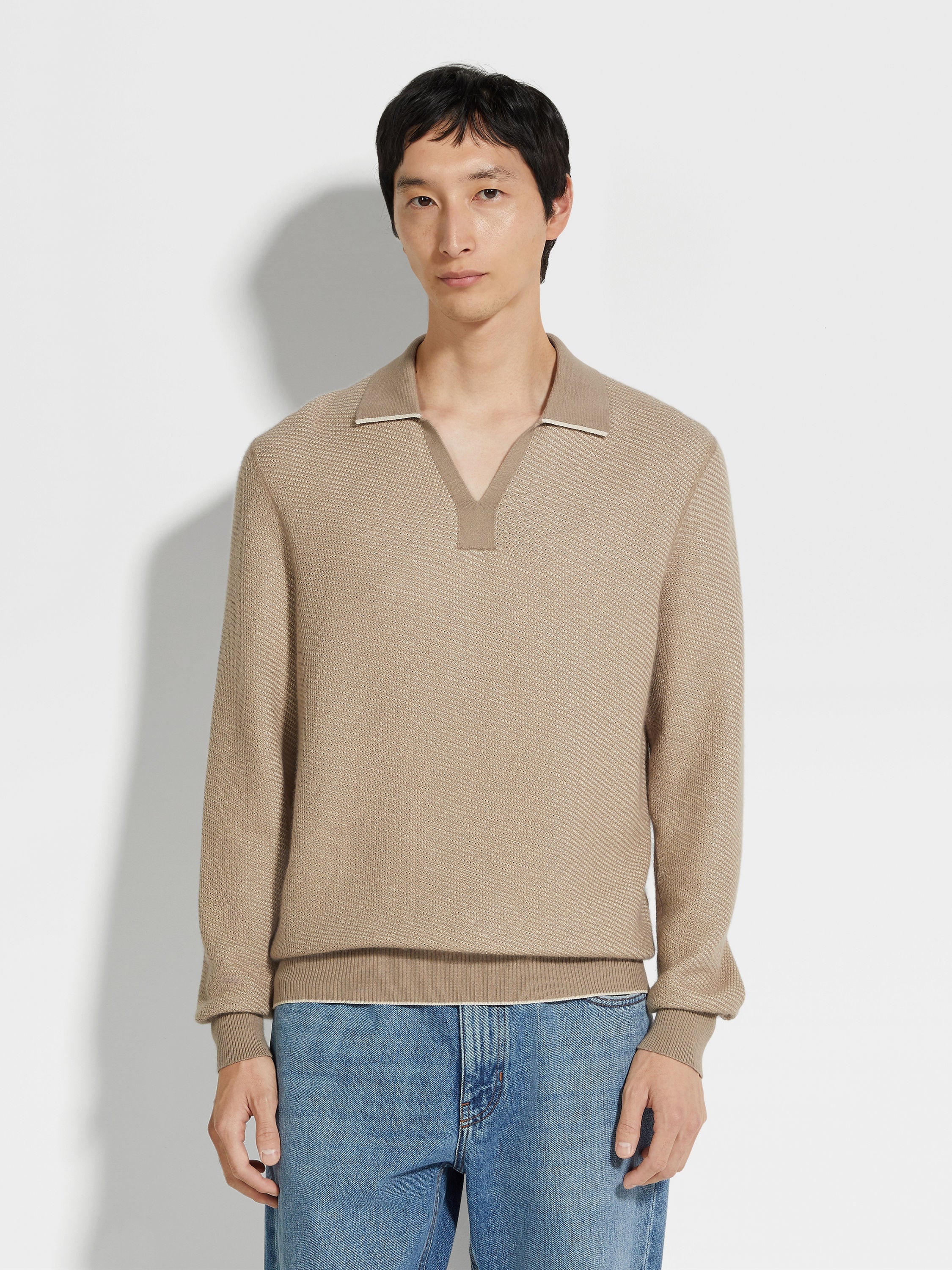 LIGHT TAUPE SILK AND CASHMERE POLO SHIRT - 4