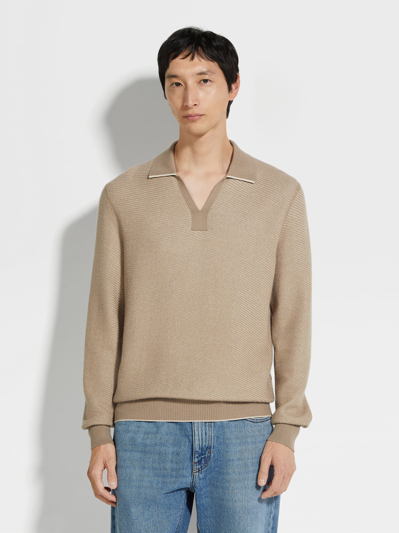 LIGHT TAUPE SILK AND CASHMERE POLO SHIRT 4