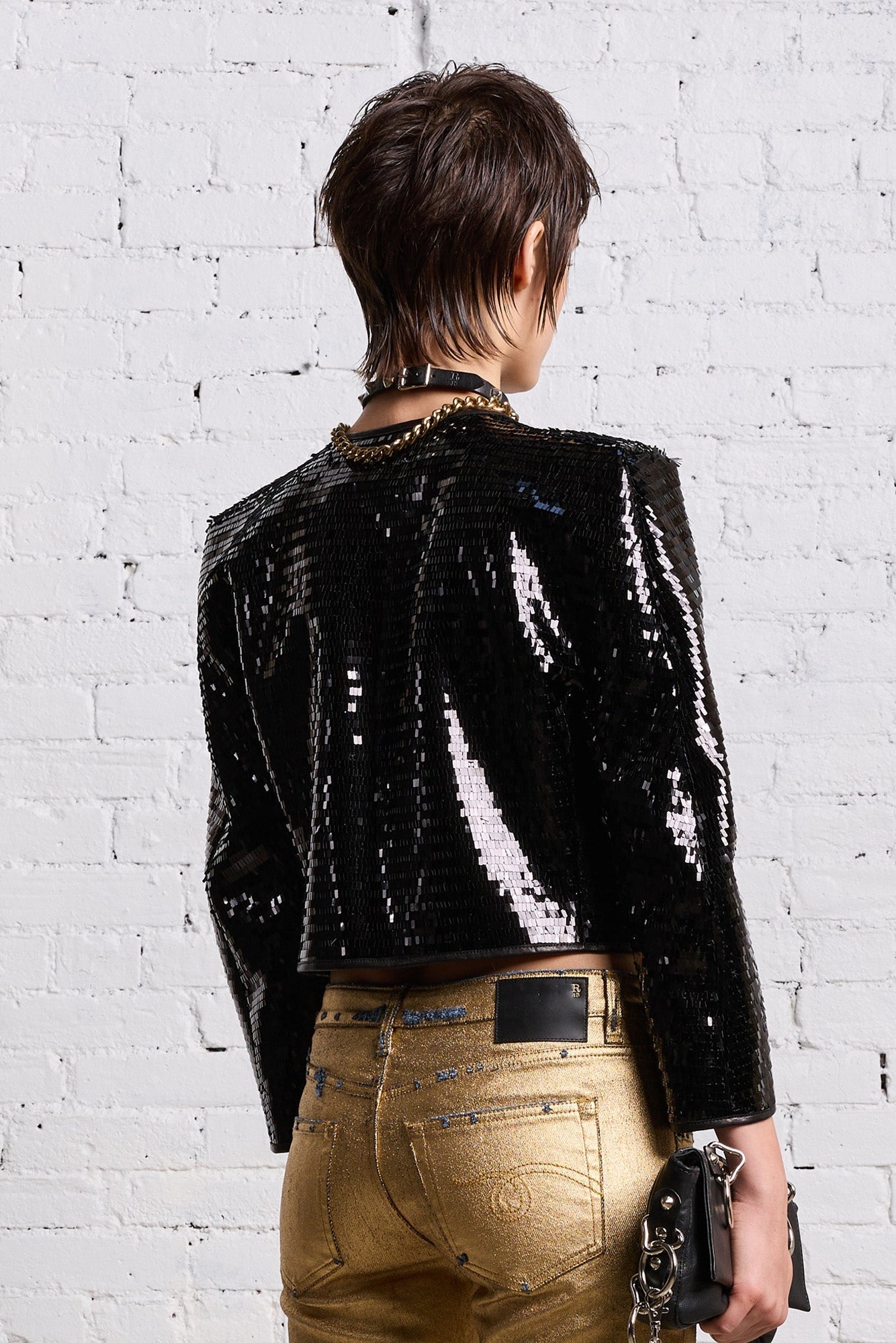 SQUARE SHOULDER SEQUIN JACKET - BLACK - 6