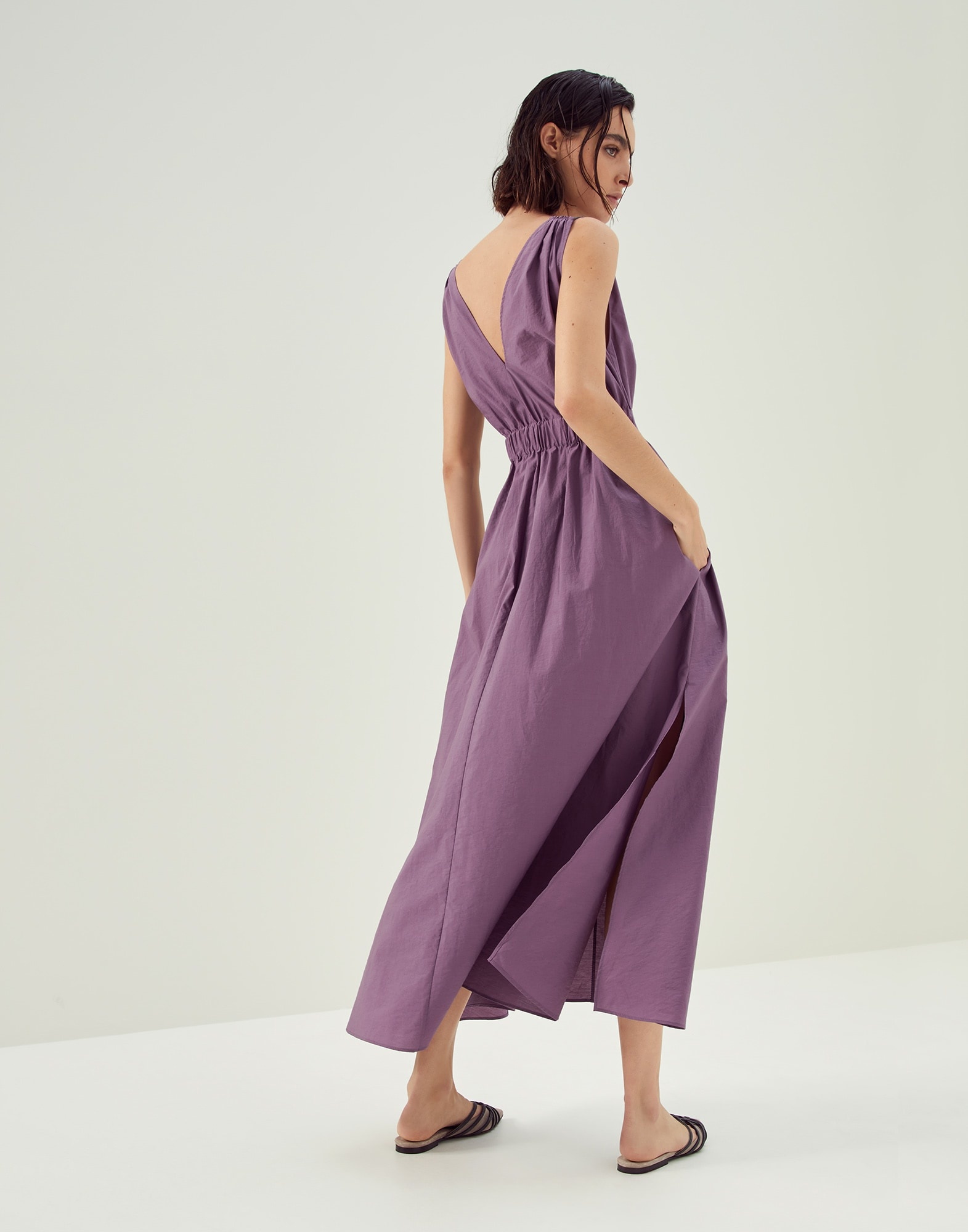 Techno cotton poplin belted dress with precious shoulder detail - 2