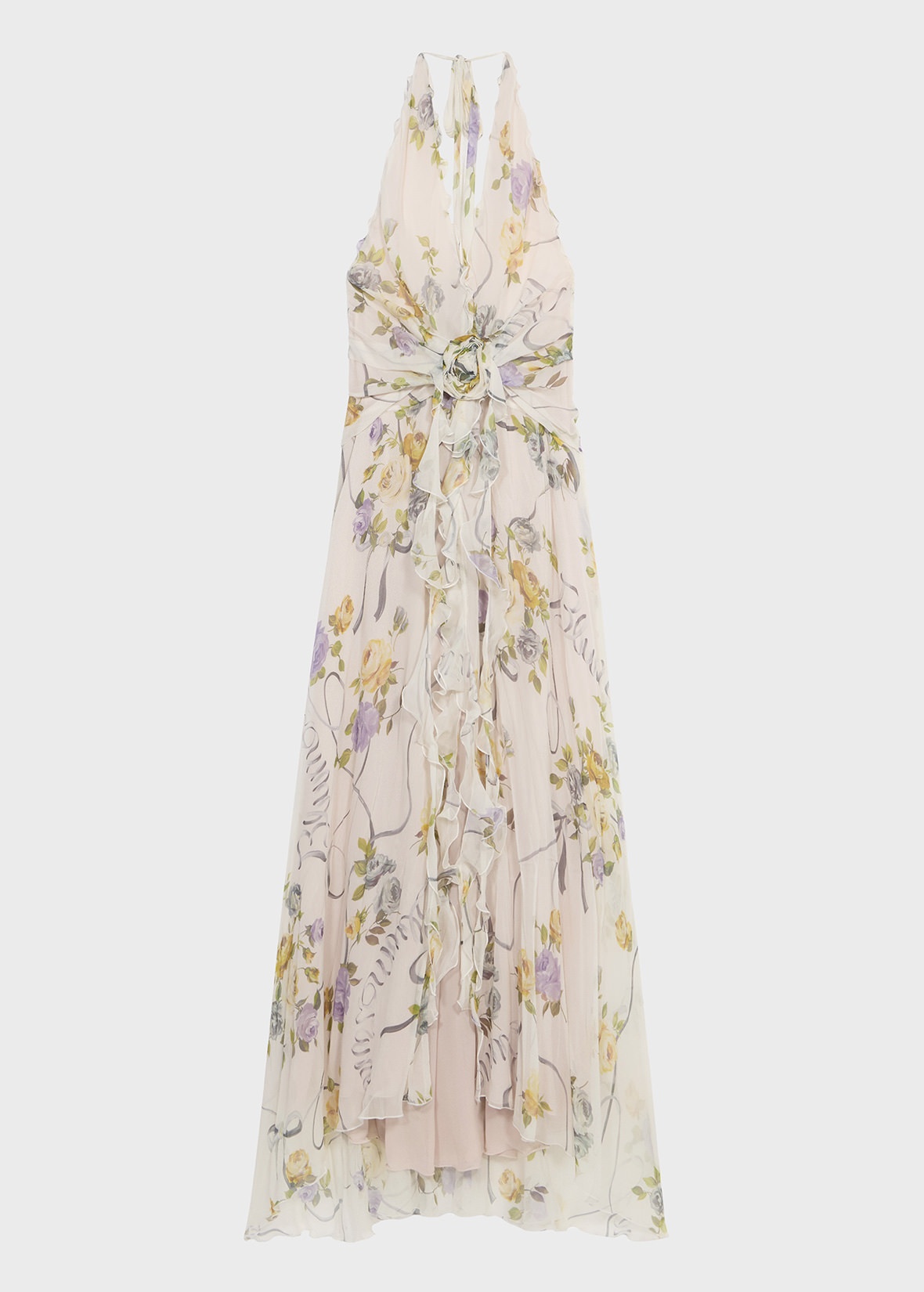 RUFFLED LONG DRESS IN PRINTED CREPONNE WITH ROSE DECORATION - 1