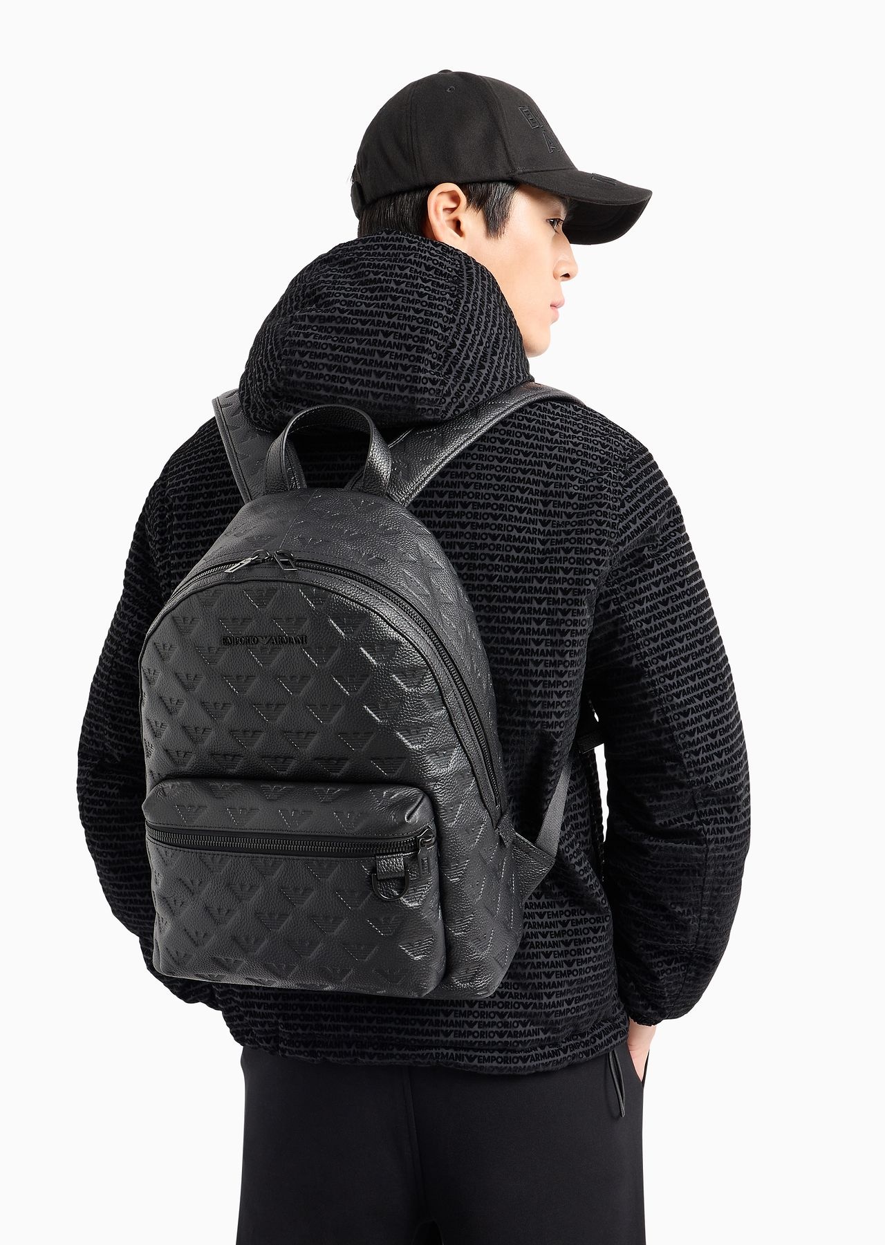 Round leather backpack with all-over embossed eagle - 6
