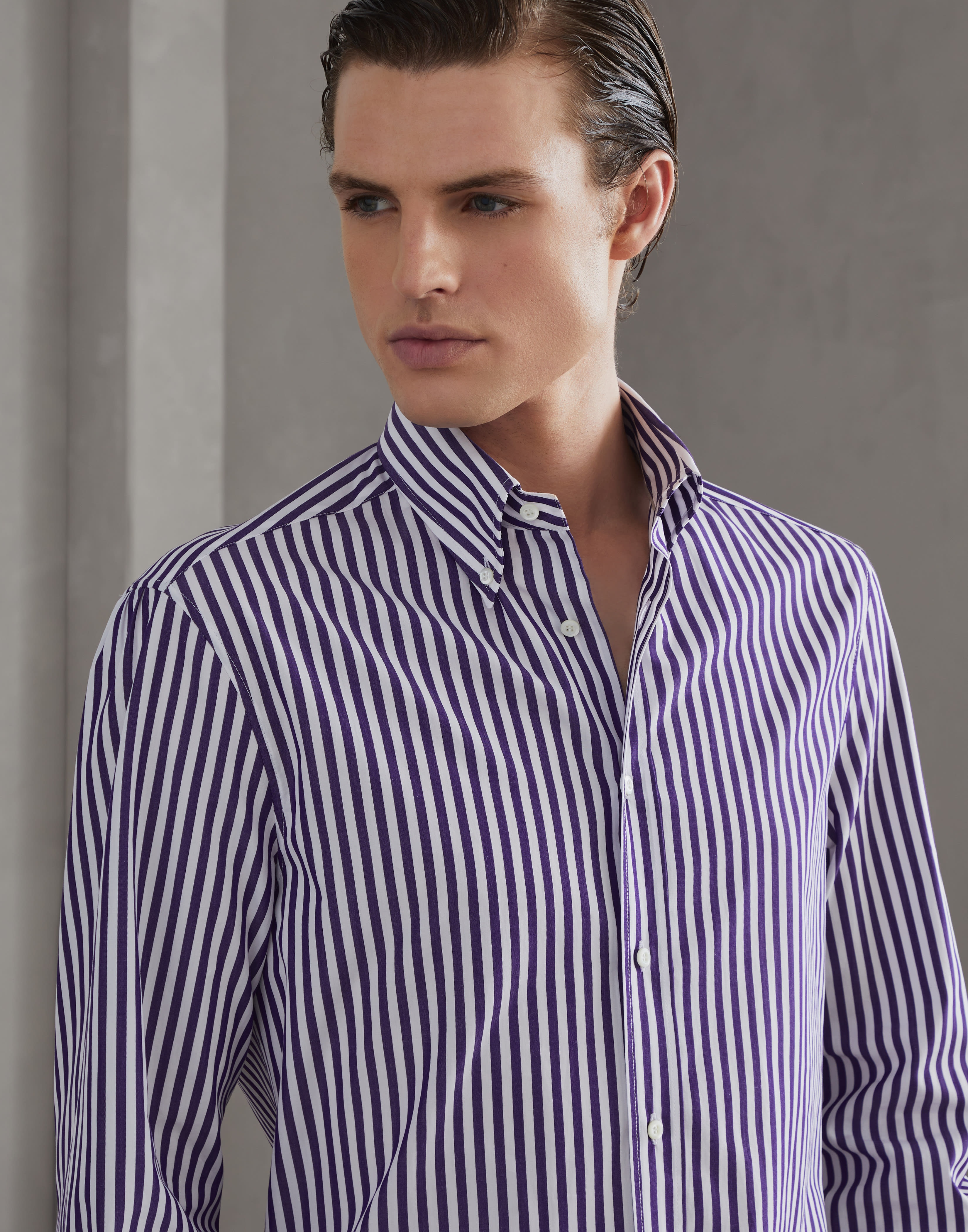 Striped poplin slim fit shirt with button-down collar - 3