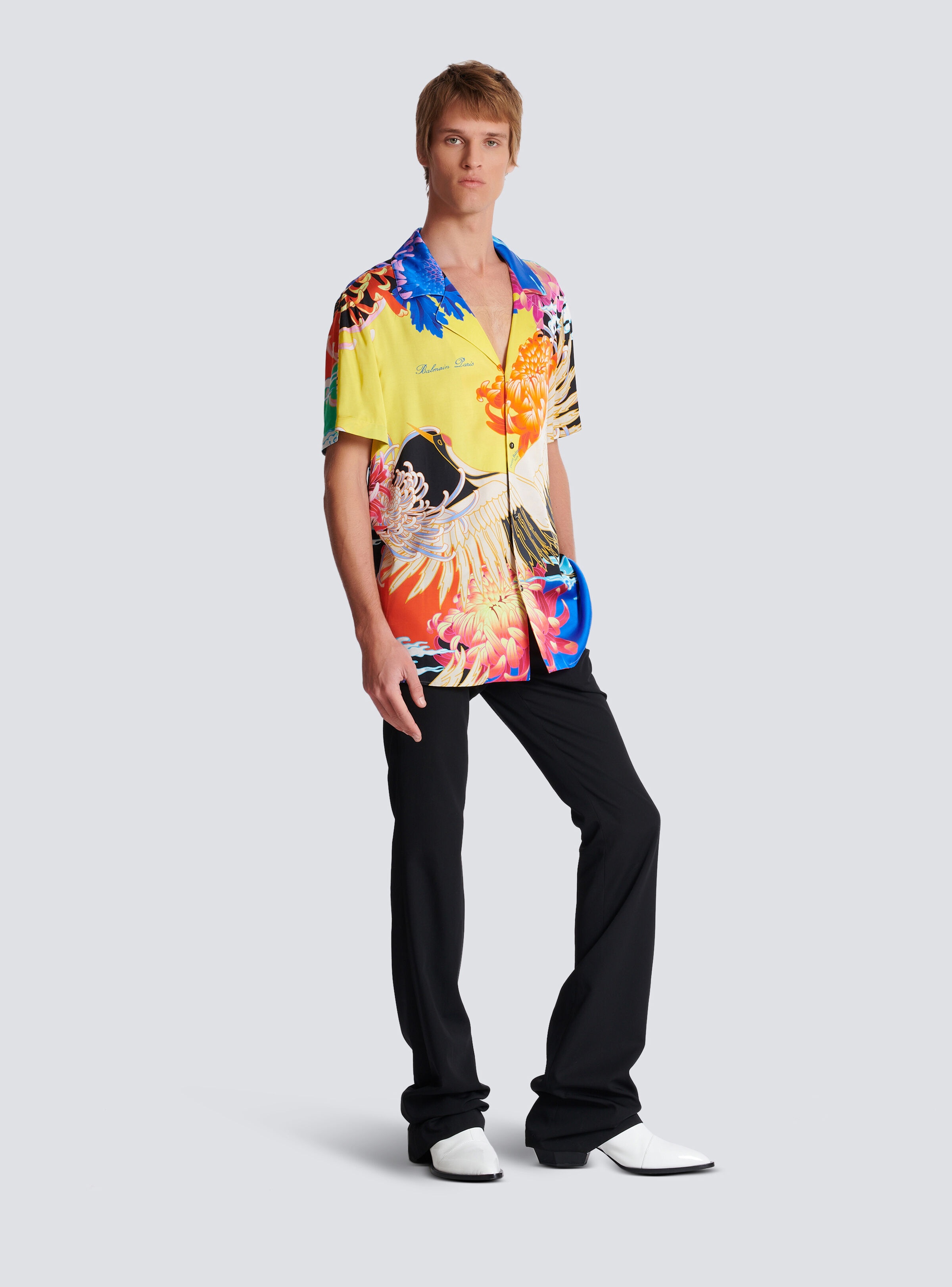 Short-sleeved satin shirt with Crane print - 3