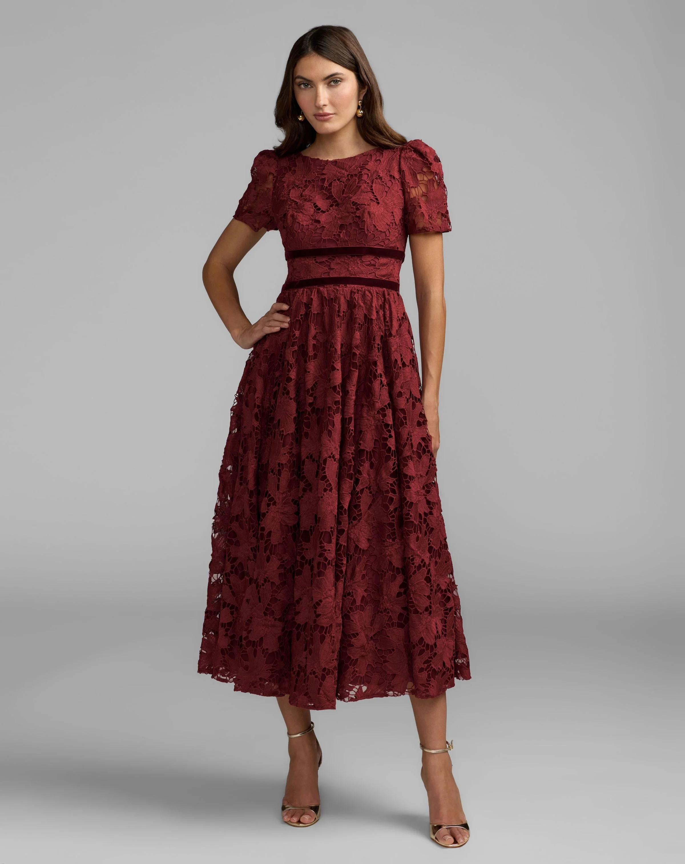 Burgundy A-Line Short Sleeve Lace Midi Dress - 1