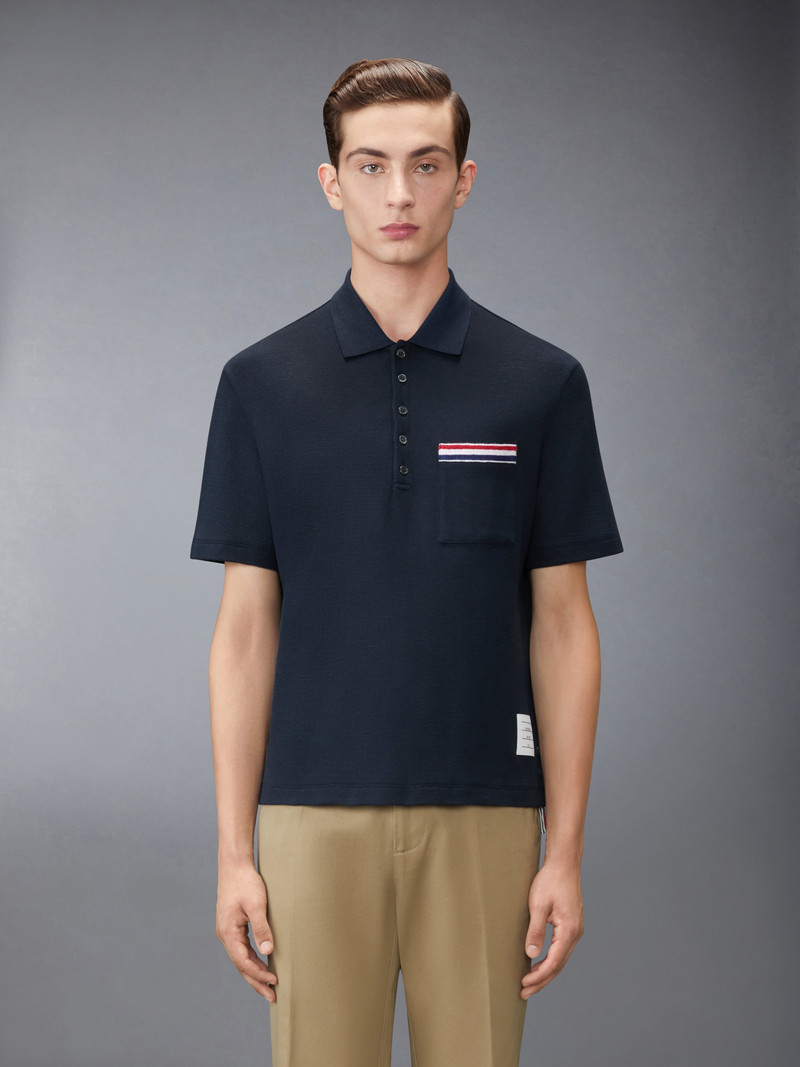 Thom Browne TEXTURED COTTON LINEN RWB EMBROIDERY POLO outlook
