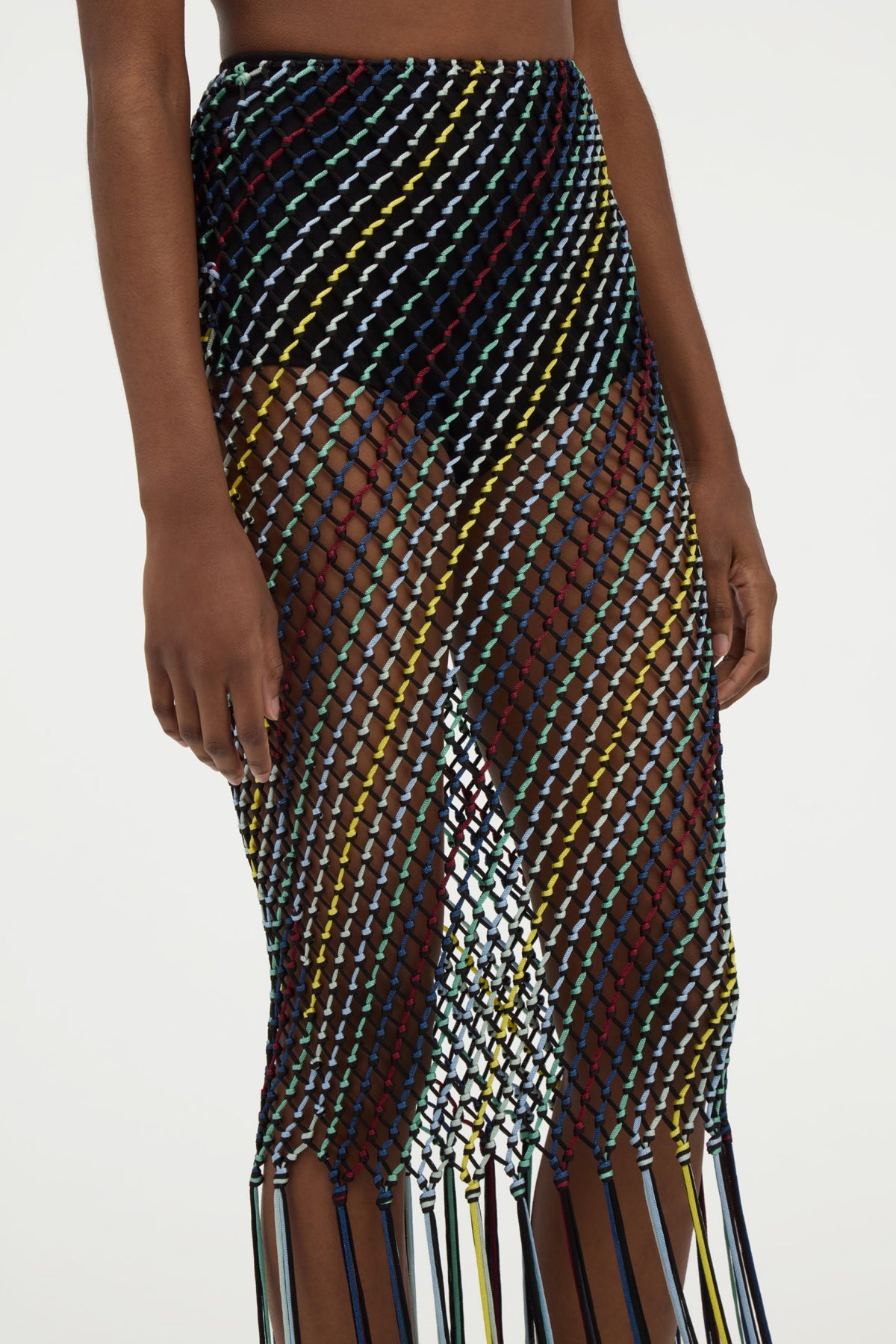 Zana Fringe Macrame Maxi Skirt in Black Multi Silk - 5