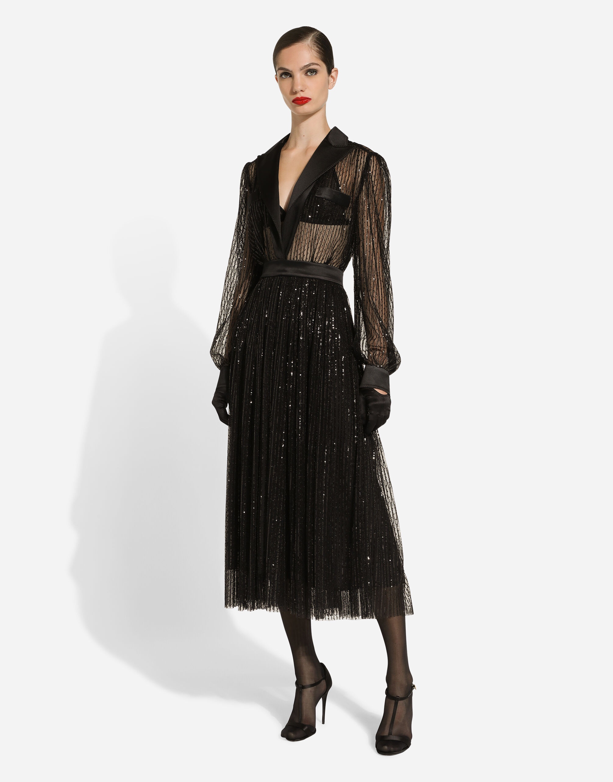 Calf-length tulle tuxedo shirt dress with sequin embellishment - 3