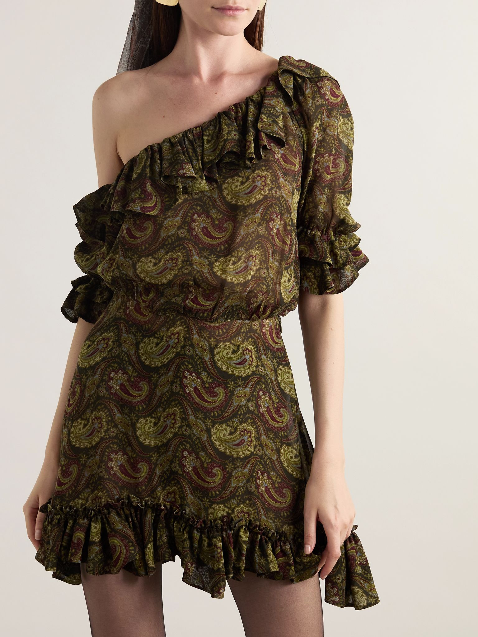 One-shoulder ruffled paisley-print georgette mini dress Brown - 3