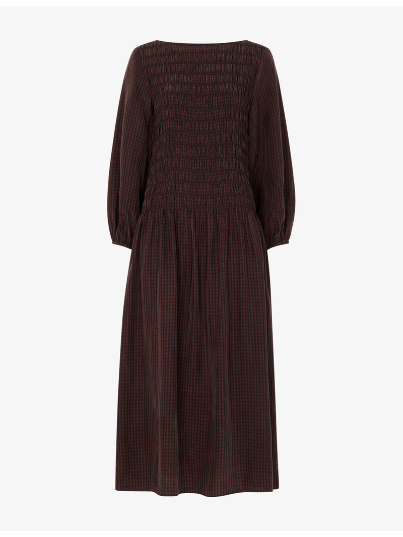Checked Shirred-Bodice Woven Midi Dress 1