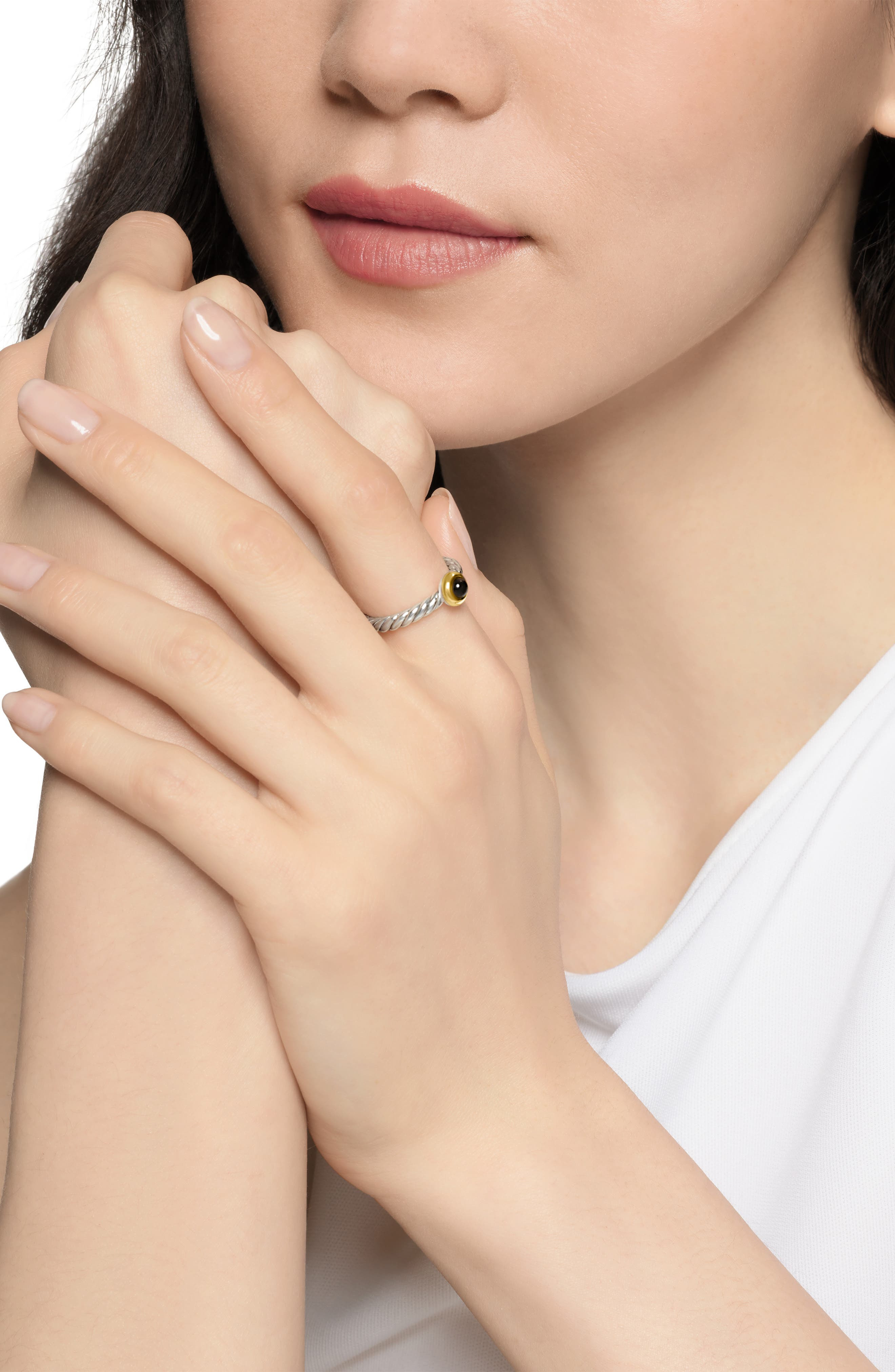 David Yurman Petite Cable Ring in Sterling Silver with 14K Yellow Gold in Silver/Gold/Black Onyx at  - 2
