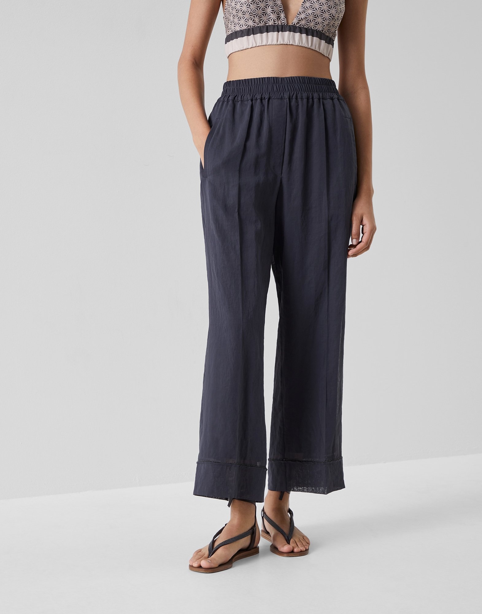 Cotton organza pyjama-style trousers with shiny cuffs - 1