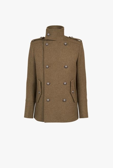 Light khaki wool military pea coat with double-breasted silver-tone buttoned fastening - 1