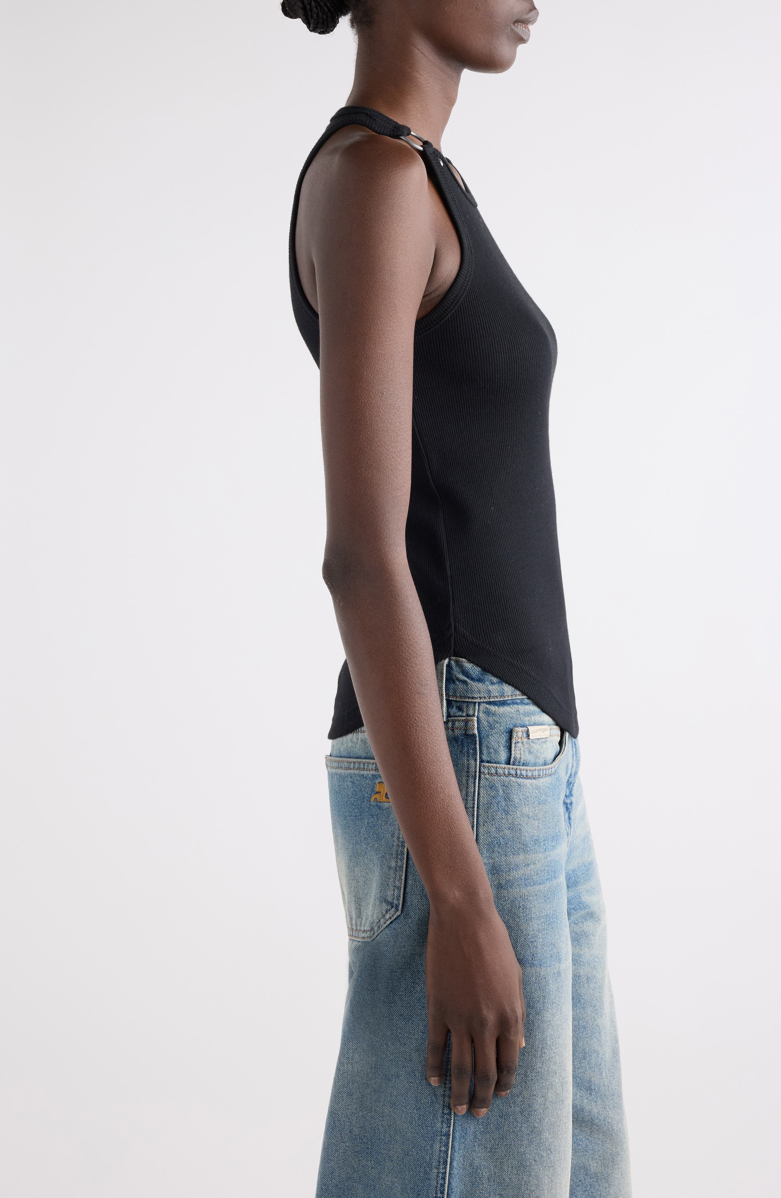 Courrèges Buckle '90s Stretch Cotton Rib Tank in Black at Nordstrom - 4