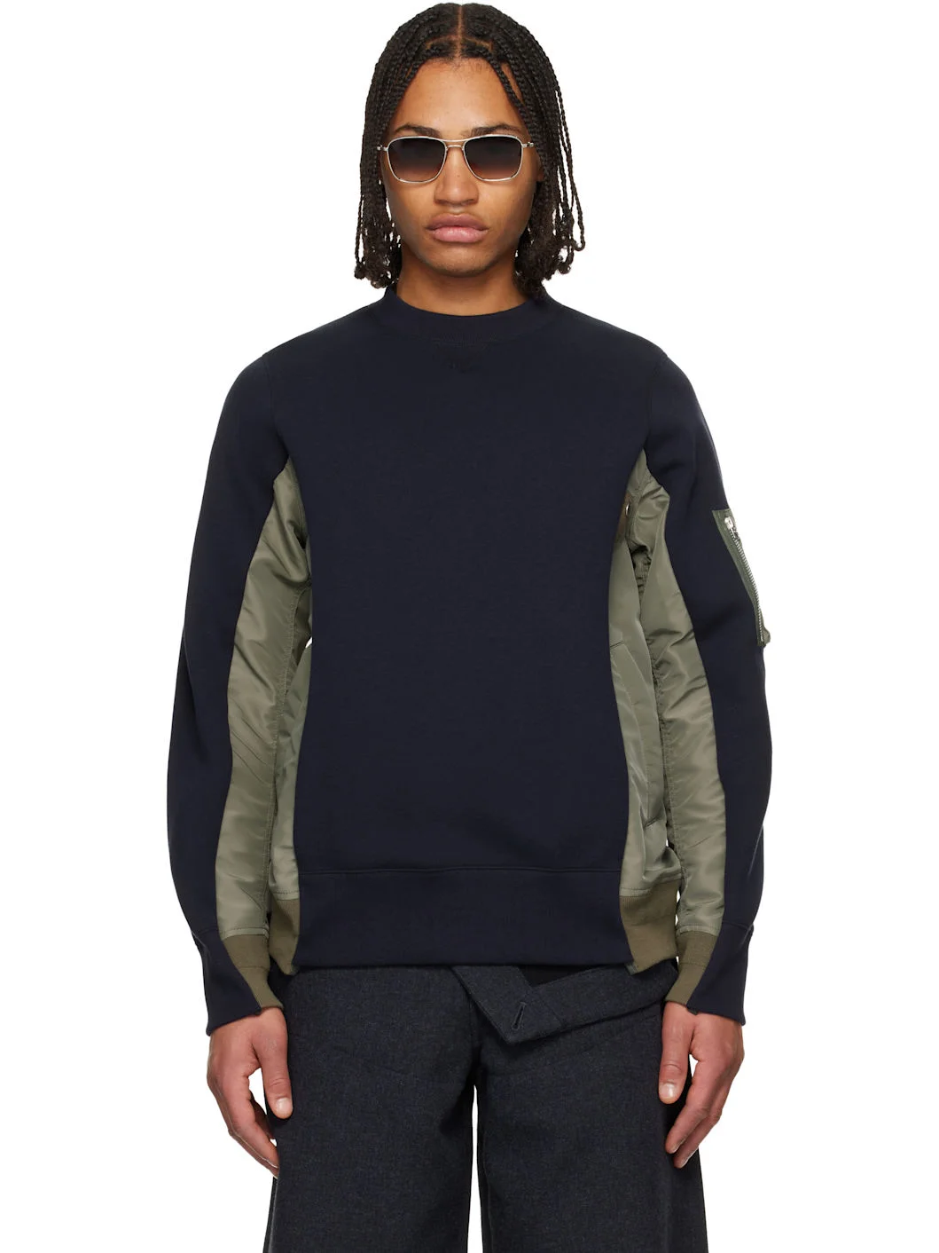 Navy & Khaki Sponge Sweat & Nylon Twill Sweatshirt - 1