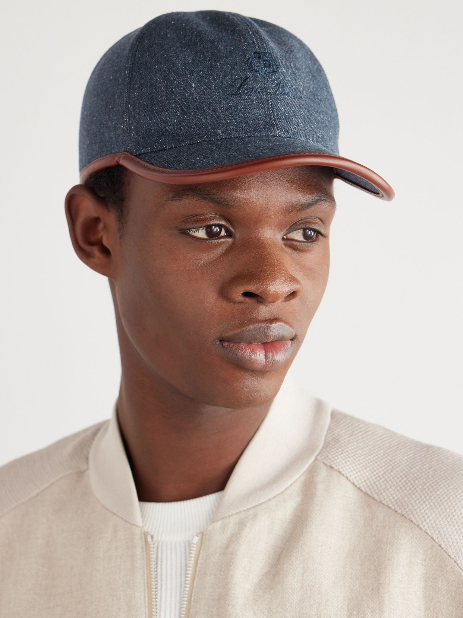 Leather-Trimmed Logo-Embroidered Denim Baseball Cap Blue - 2