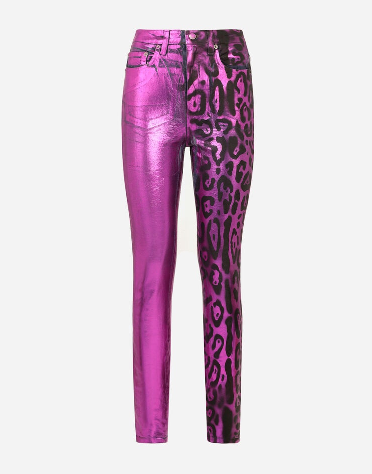 Foiled denim jeans with neon leopard print - 3