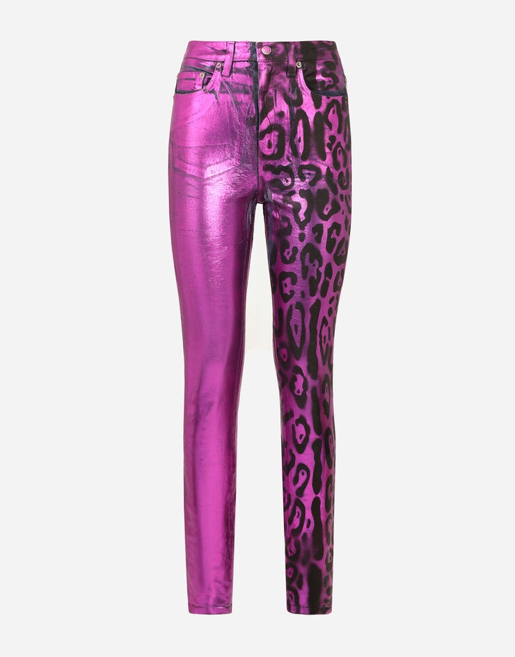 Foiled denim jeans with neon leopard print - 3