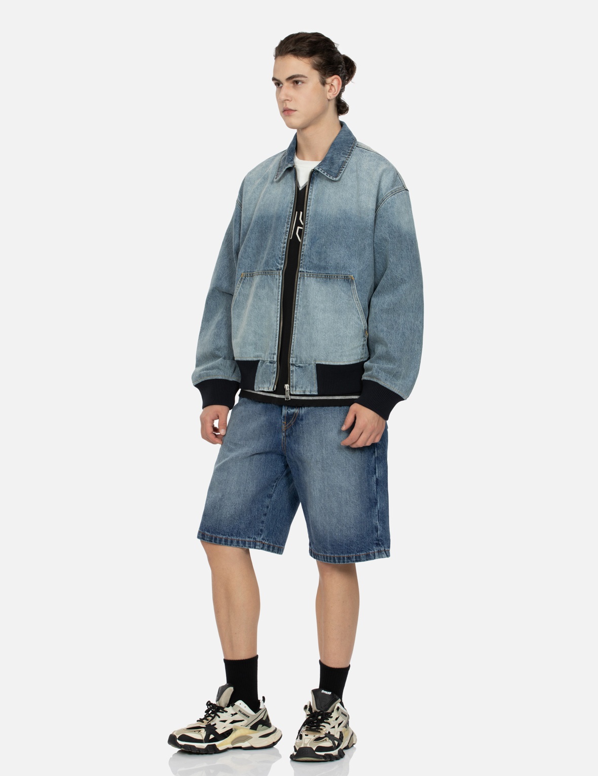 LOGO APPLIQUÉ EMBROIDERY OVERSIZED DENIM BOMBER JACKET - 4