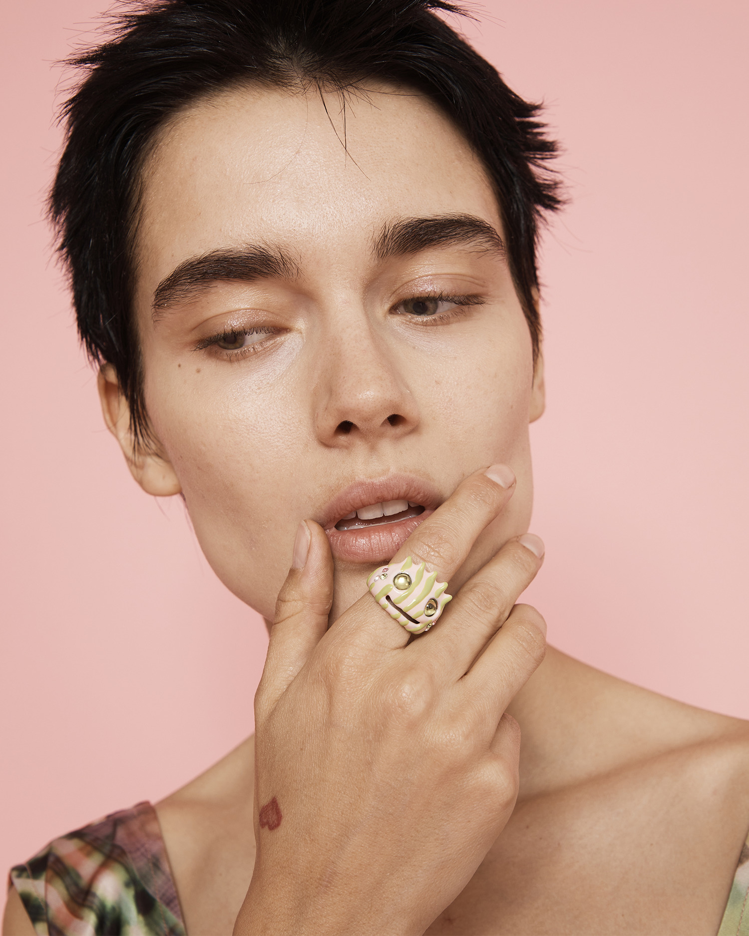 LIME PINK STRIPE LIBERTY FROG RING - 2