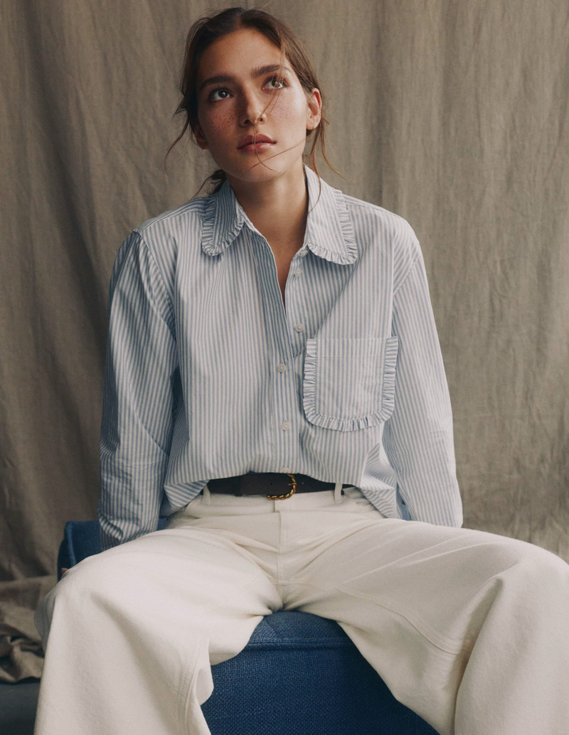 Sadie Relaxed Cotton Shirt-Faded Denim and Ivory Stripe 7