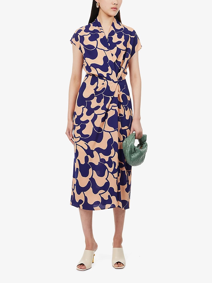 Abstract-pattern V-neck stretch-woven midi dress - 2